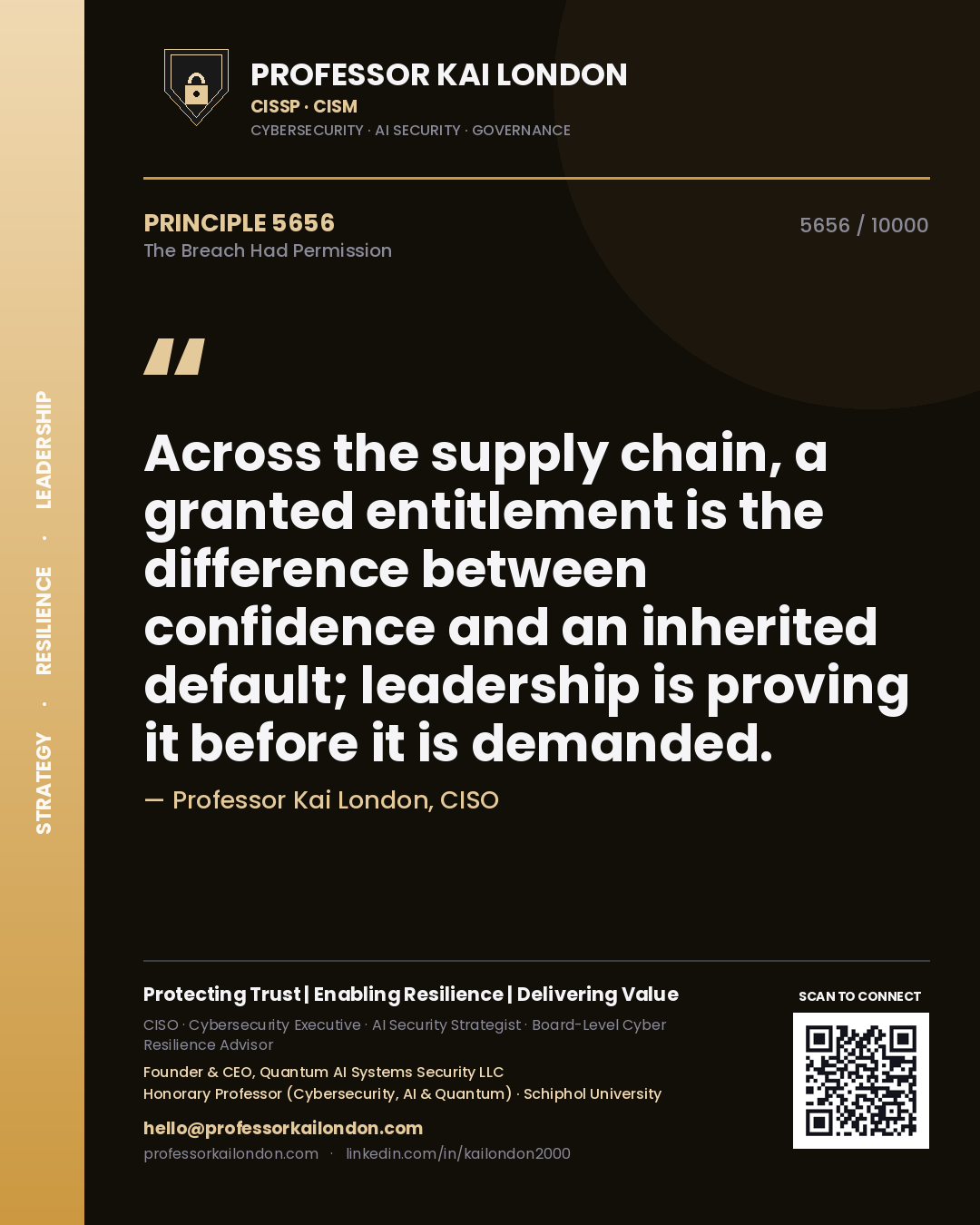 Quote card by Professor Kai London reading 'Across the supply chain, a granted entitlement is the difference between confidence and an inherited default; leadership is proving it before it is demanded.'. From the book The Breach Had Permission.