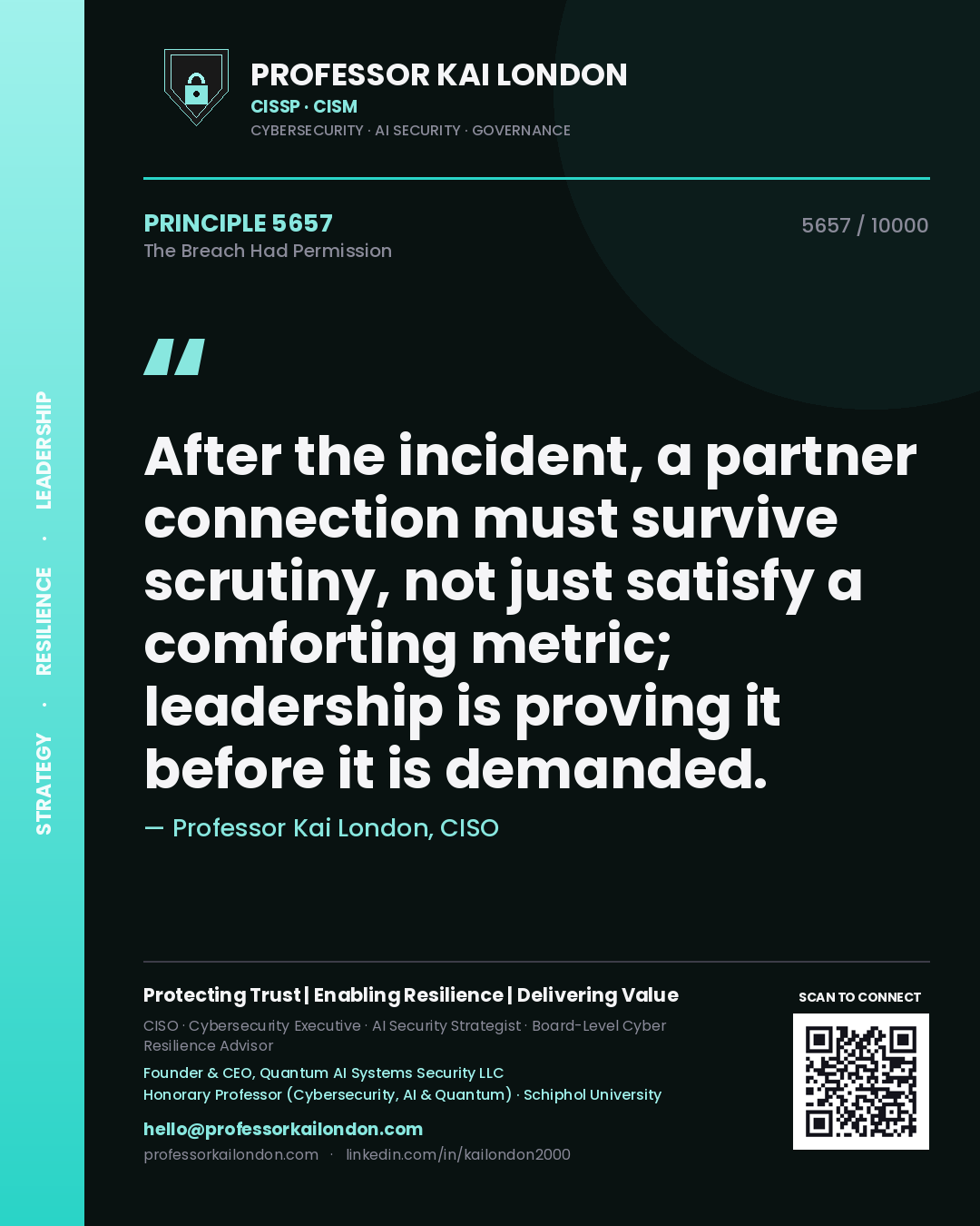 Quote card by Professor Kai London reading 'After the incident, a partner connection must survive scrutiny, not just satisfy a comforting metric; leadership is proving it before it is demanded.'. From the book The Breach Had Permission.