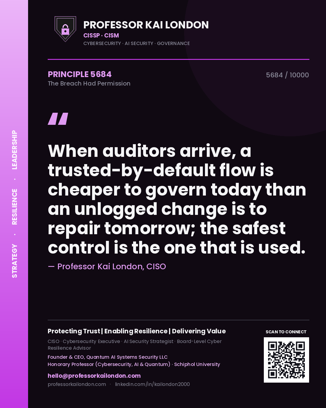 Quote card by Professor Kai London reading 'When auditors arrive, a trusted-by-default flow is cheaper to govern today than an unlogged change is to repair tomorrow; the safest control is the one that is used.'. From the book The Breach Had Permission.