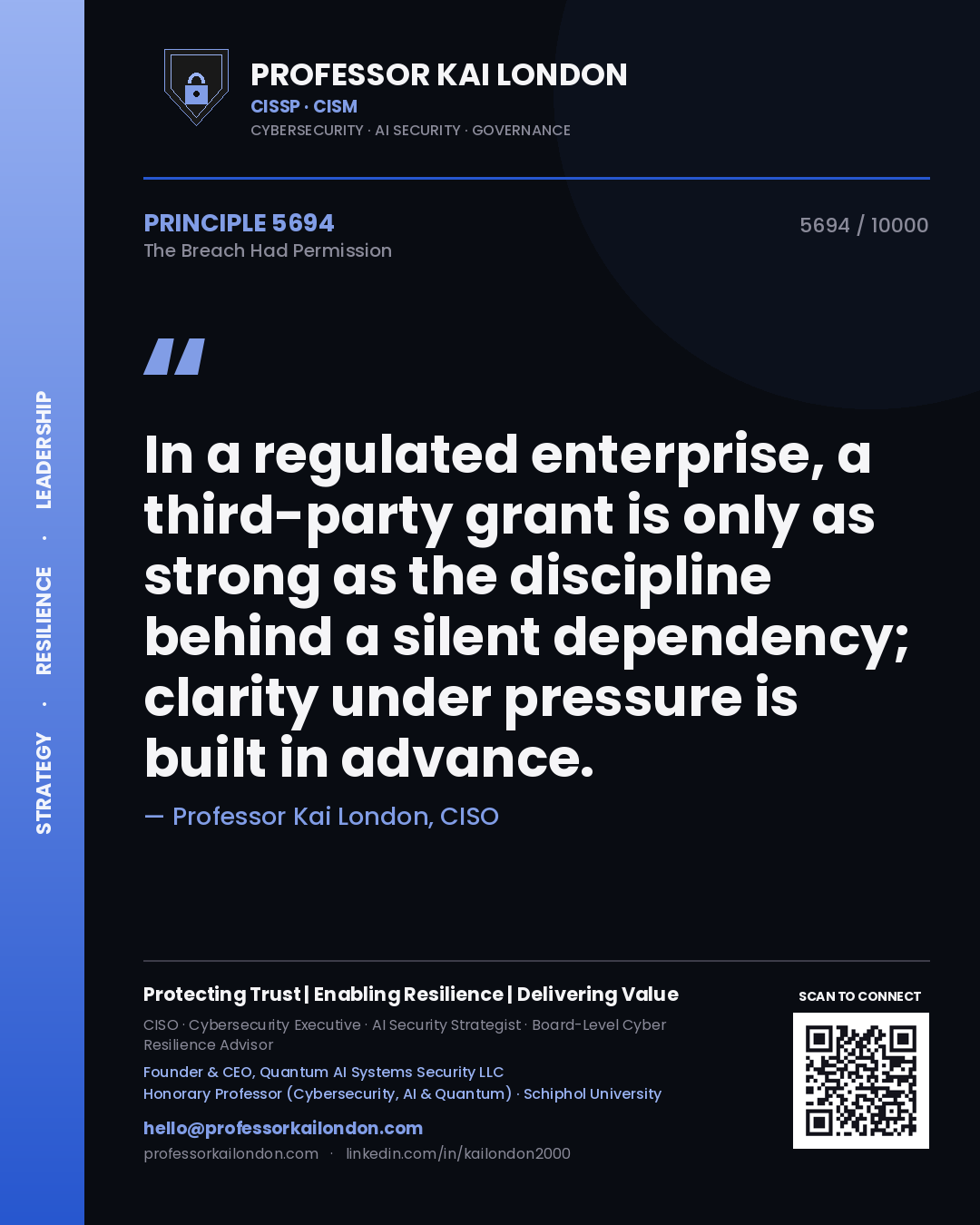 Professor Kai London principle 5694: In a regulated enterprise, a third-party grant is only as strong as the discipline behind a silent dependency; clarity under pressure is built in advance.