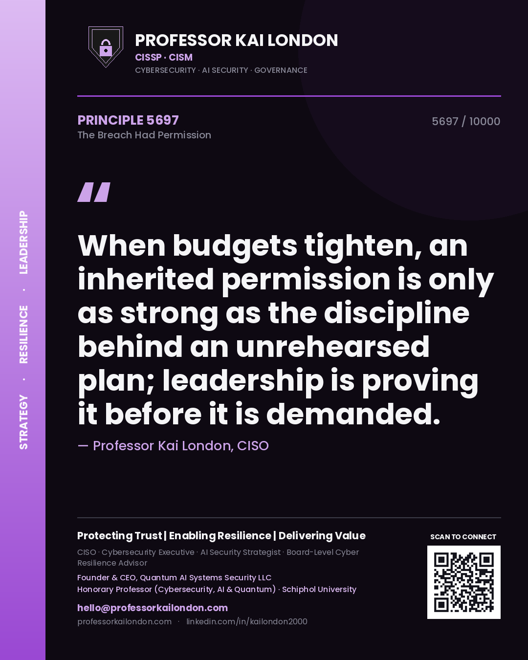 Professor Kai London principle 5697: When budgets tighten, an inherited permission is only as strong as the discipline behind an unrehearsed plan; leadership is proving it before it is demanded.