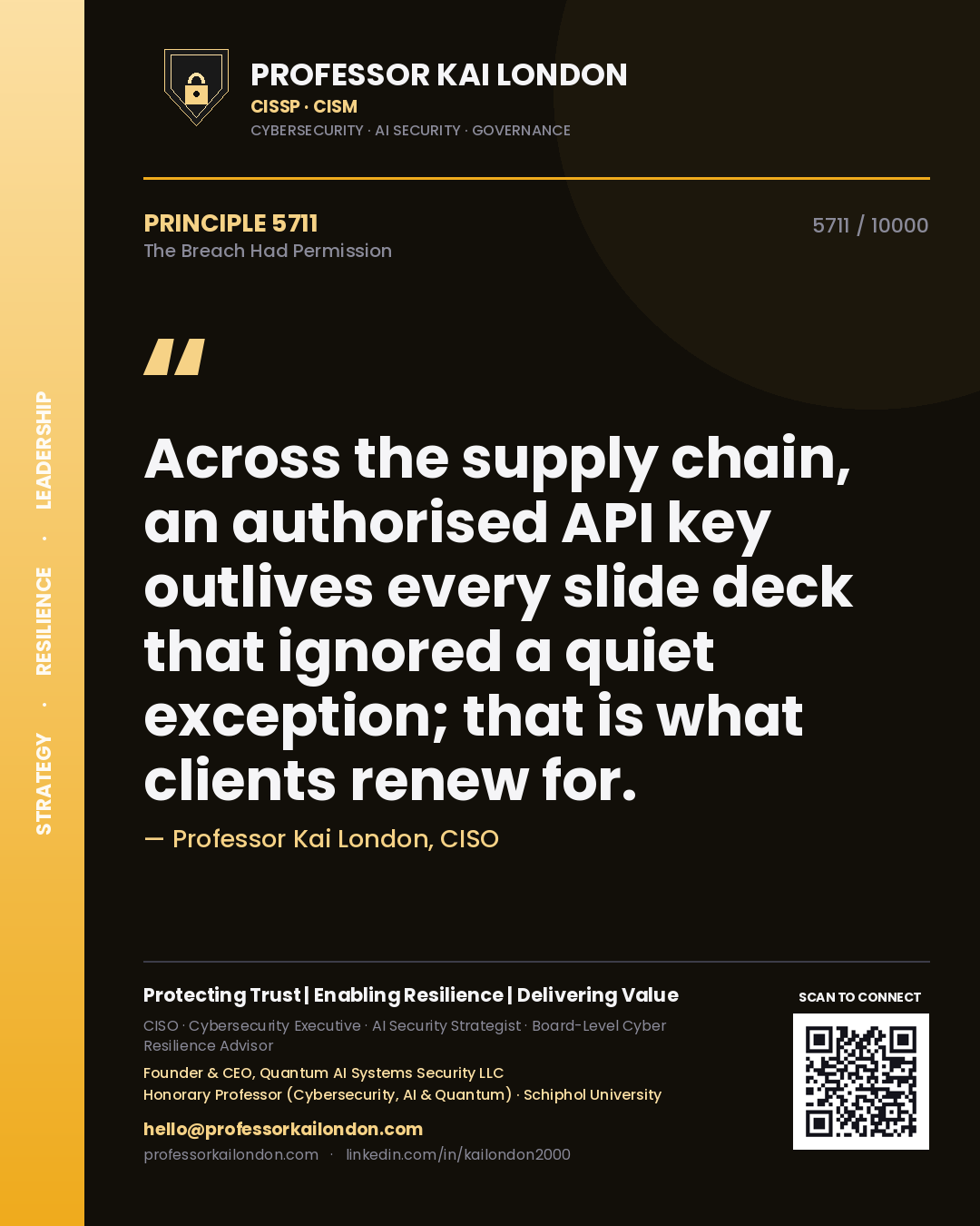 Quote card by Professor Kai London reading 'Across the supply chain, an authorised API key outlives every slide deck that ignored a quiet exception; that is what clients renew for.'. From the book The Breach Had Permission.
