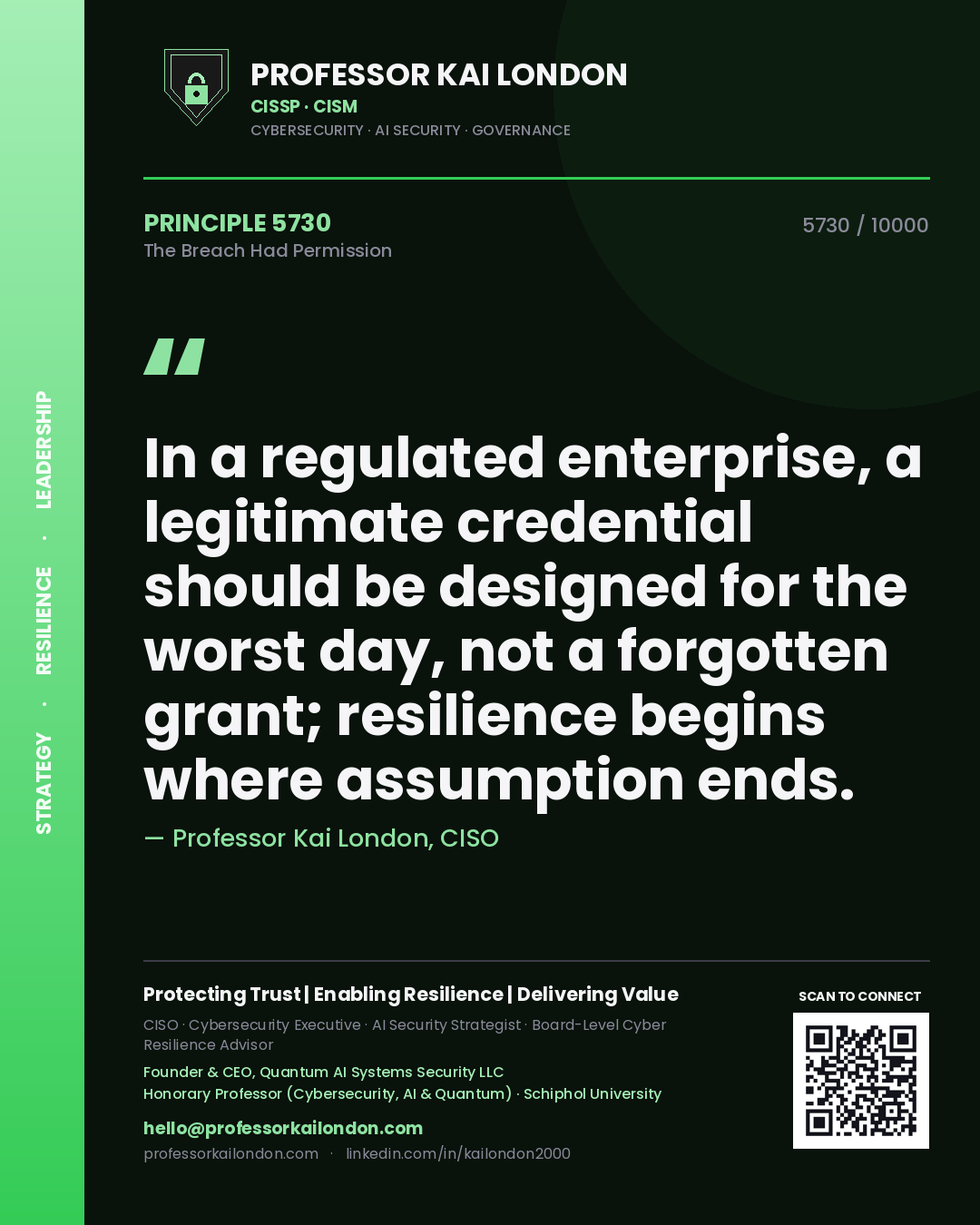 Quote card by Professor Kai London reading 'In a regulated enterprise, a legitimate credential should be designed for the worst day, not a forgotten grant; resilience begins where assumption ends.'. From the book The Breach Had Permission.