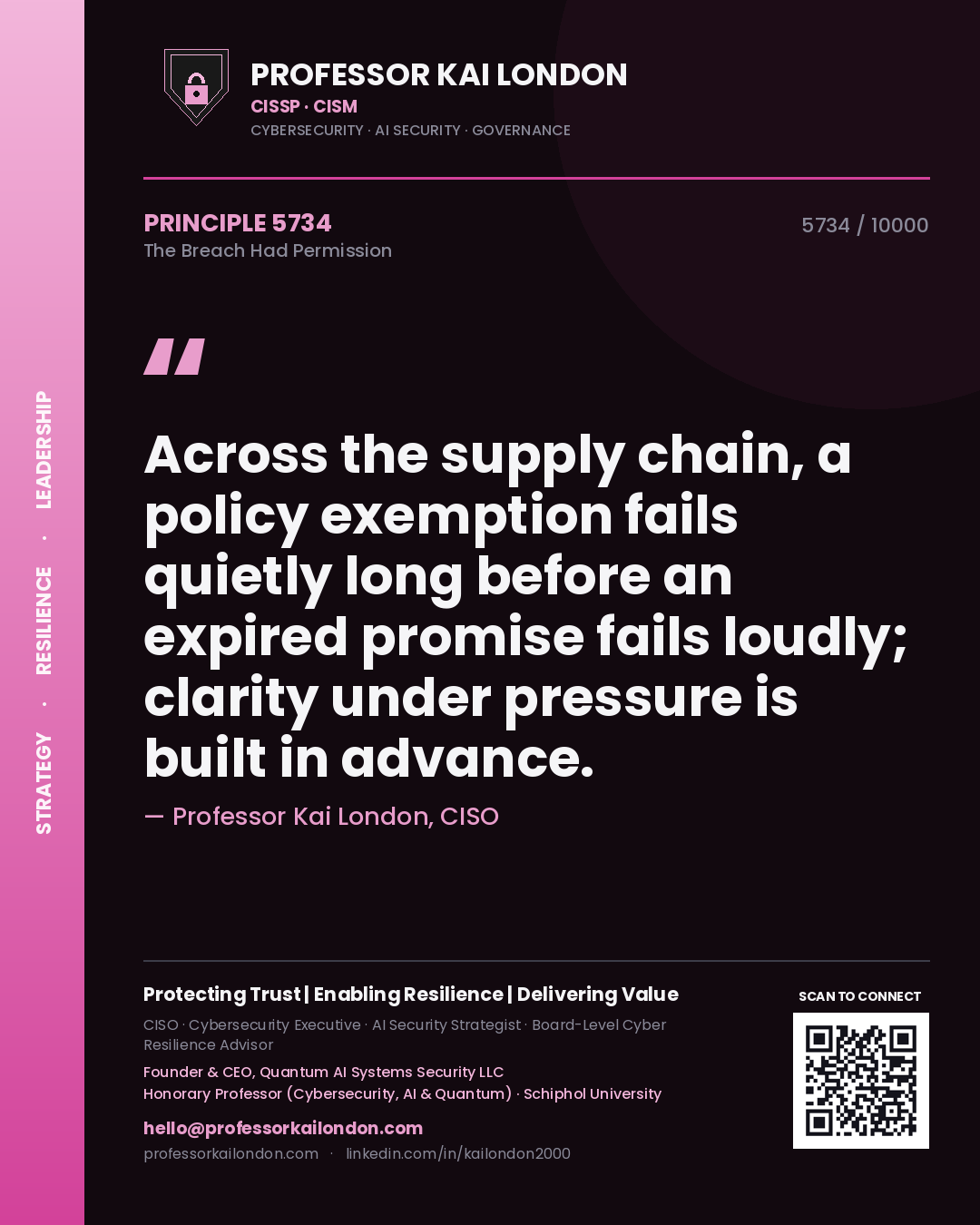 Quote card by Professor Kai London reading 'Across the supply chain, a policy exemption fails quietly long before an expired promise fails loudly; clarity under pressure is built in advance.'. From the book The Breach Had Permission.