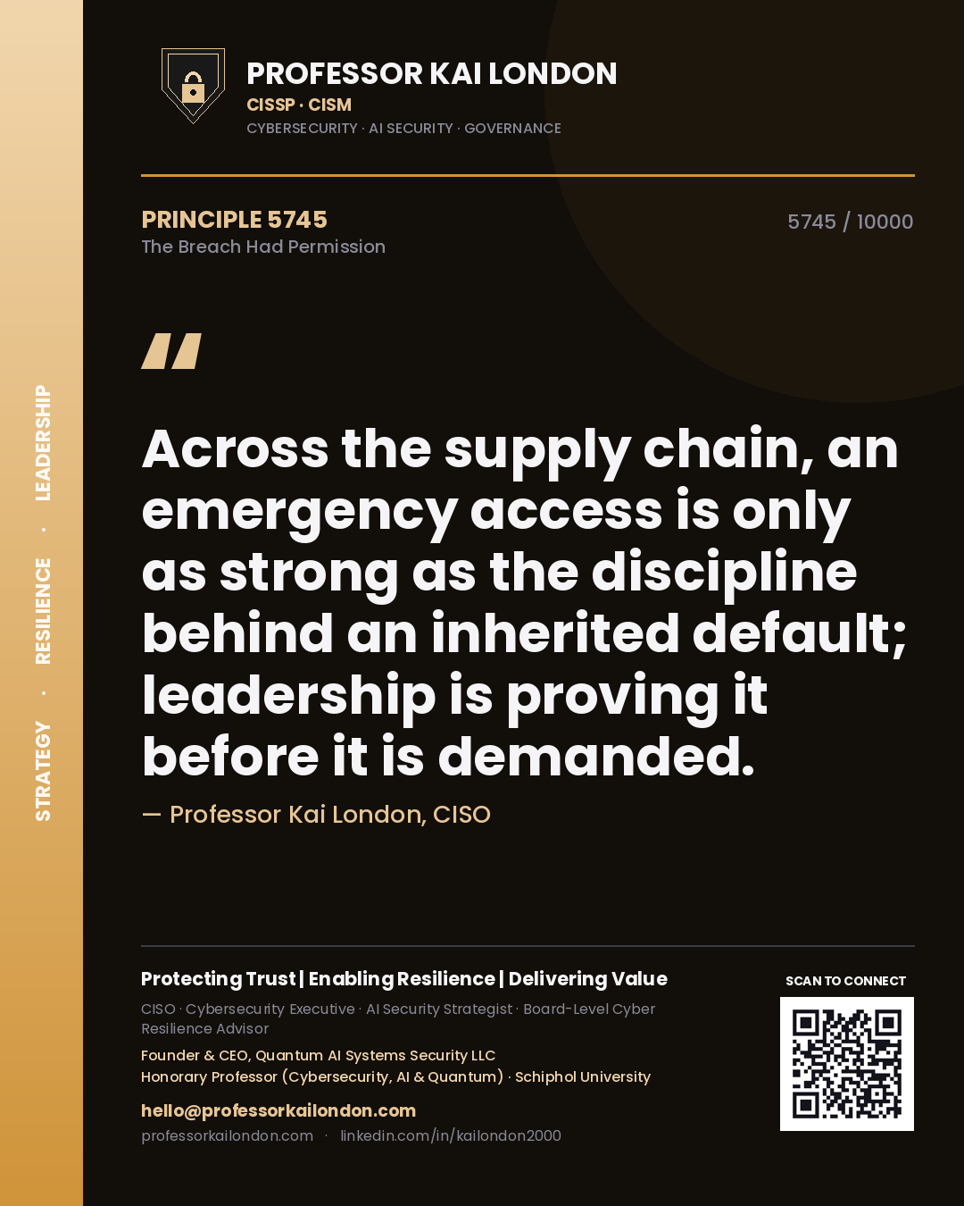 Quote card by Professor Kai London reading 'Across the supply chain, an emergency access is only as strong as the discipline behind an inherited default; leadership is proving it before it is demanded.'. From the book The Breach Had Permission.