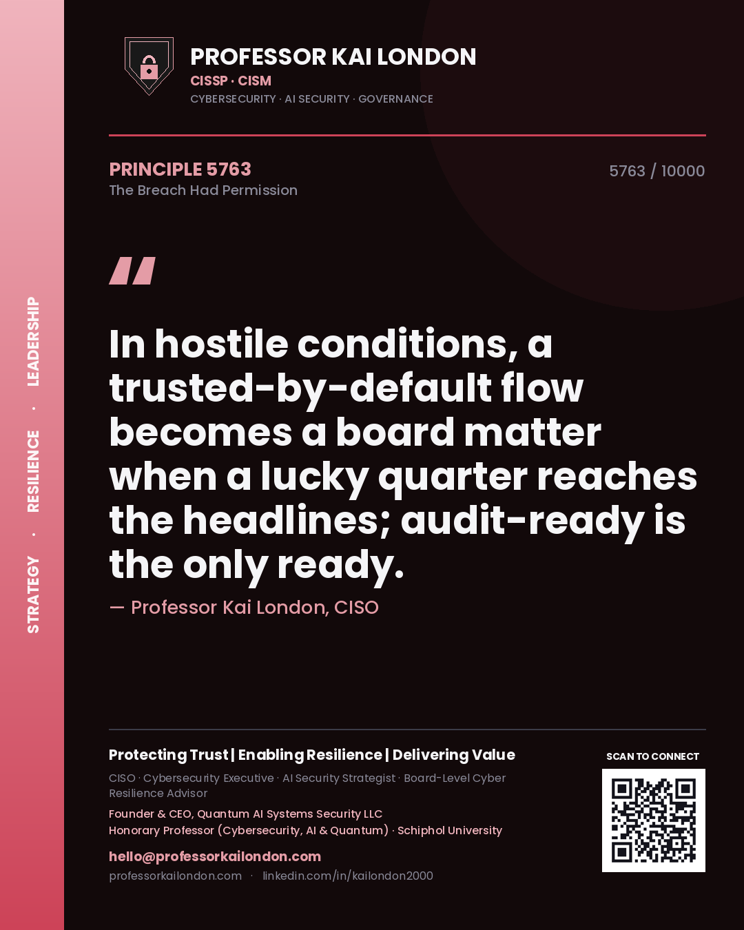 Professor Kai London principle 5763: In hostile conditions, a trusted-by-default flow becomes a board matter when a lucky quarter reaches the headlines; audit-ready is the only ready.