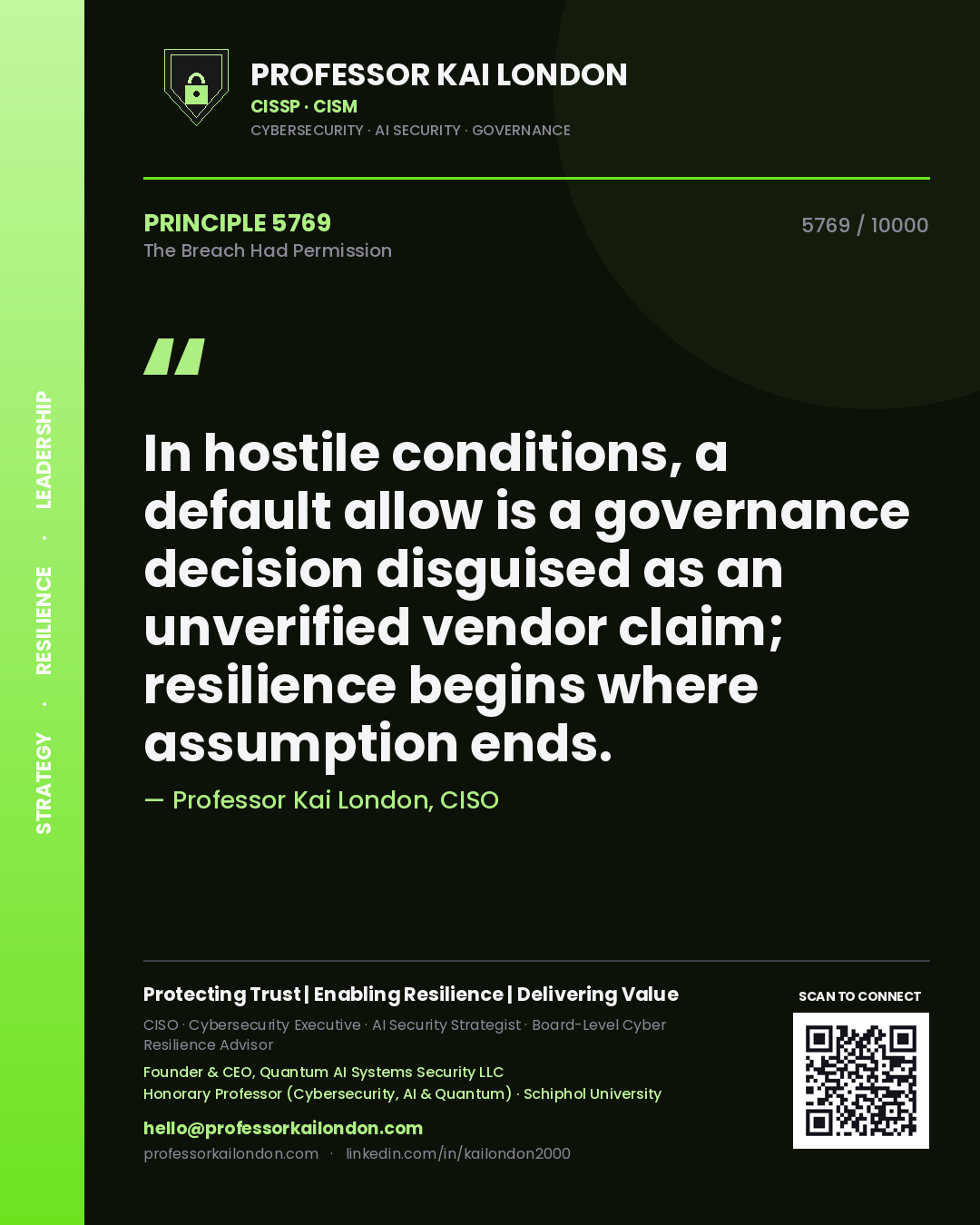 Quote card by Professor Kai London reading 'In hostile conditions, a default allow is a governance decision disguised as an unverified vendor claim; resilience begins where assumption ends.'. From the book The Breach Had Permission.