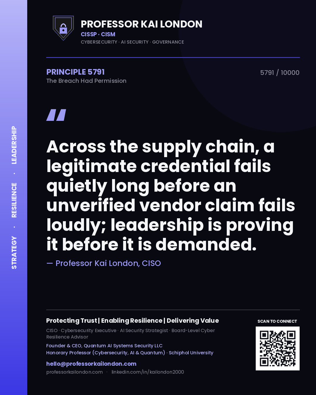 Quote card by Professor Kai London reading 'Across the supply chain, a legitimate credential fails quietly long before an unverified vendor claim fails loudly; leadership is proving it before it is demanded.'. From the book The Breach Had Permission.