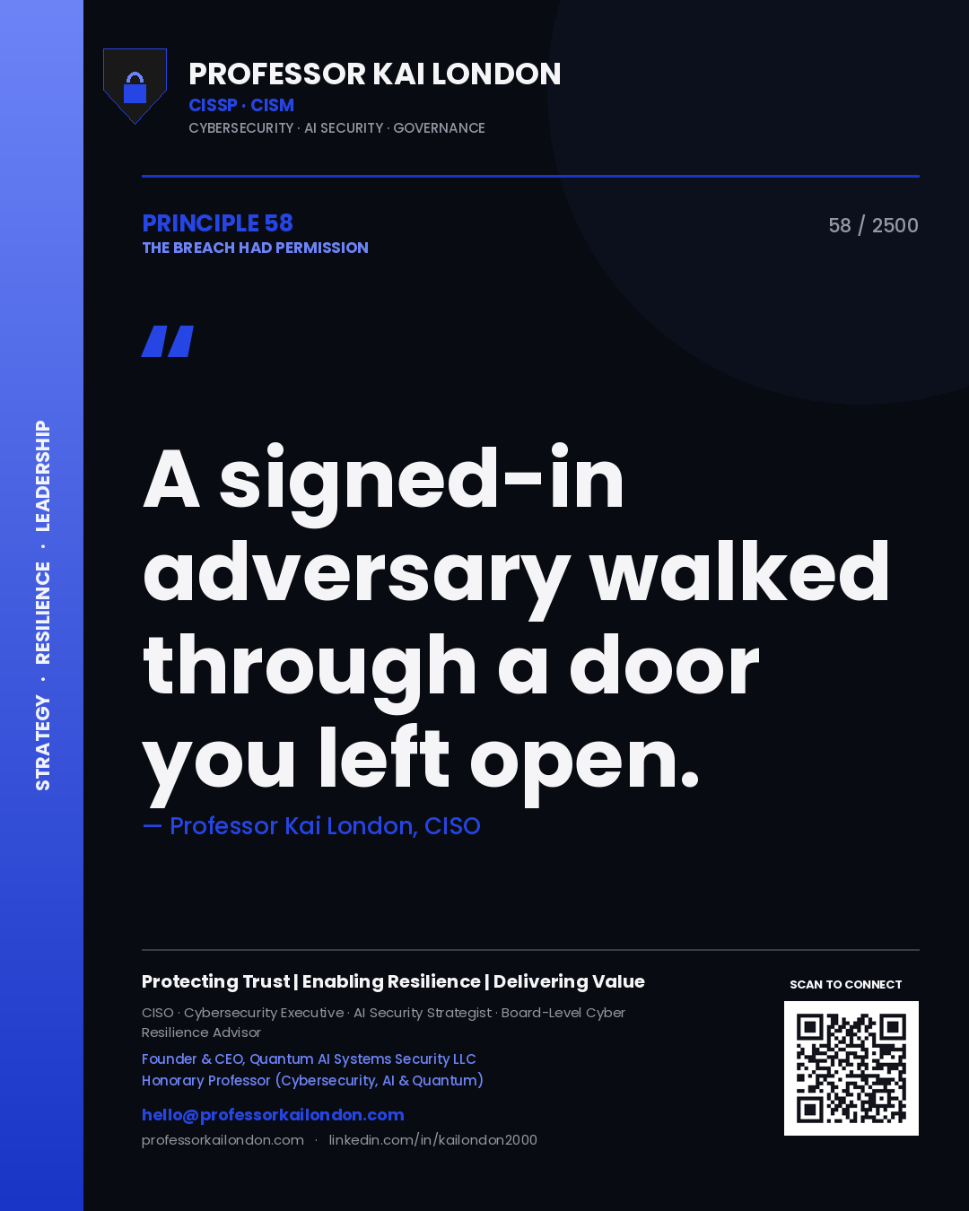Quote card by Professor Kai London reading 'A signed-in adversary walked through a door you left open.'. From the book The Breach Had Permission.