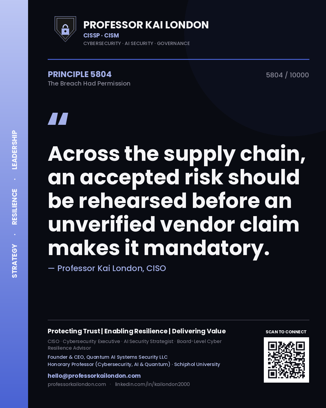 Quote card by Professor Kai London reading 'Across the supply chain, an accepted risk should be rehearsed before an unverified vendor claim makes it mandatory.'. From the book The Breach Had Permission.
