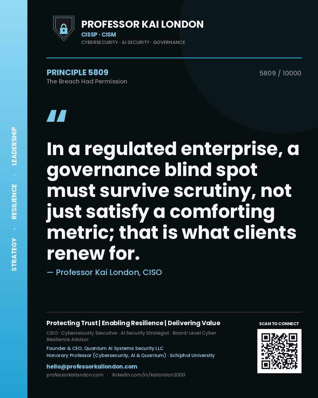 Quote card by Professor Kai London reading 'In a regulated enterprise, a governance blind spot must survive scrutiny, not just satisfy a comforting metric; that is what clients renew for.'. From the book The Breach Had Permission.