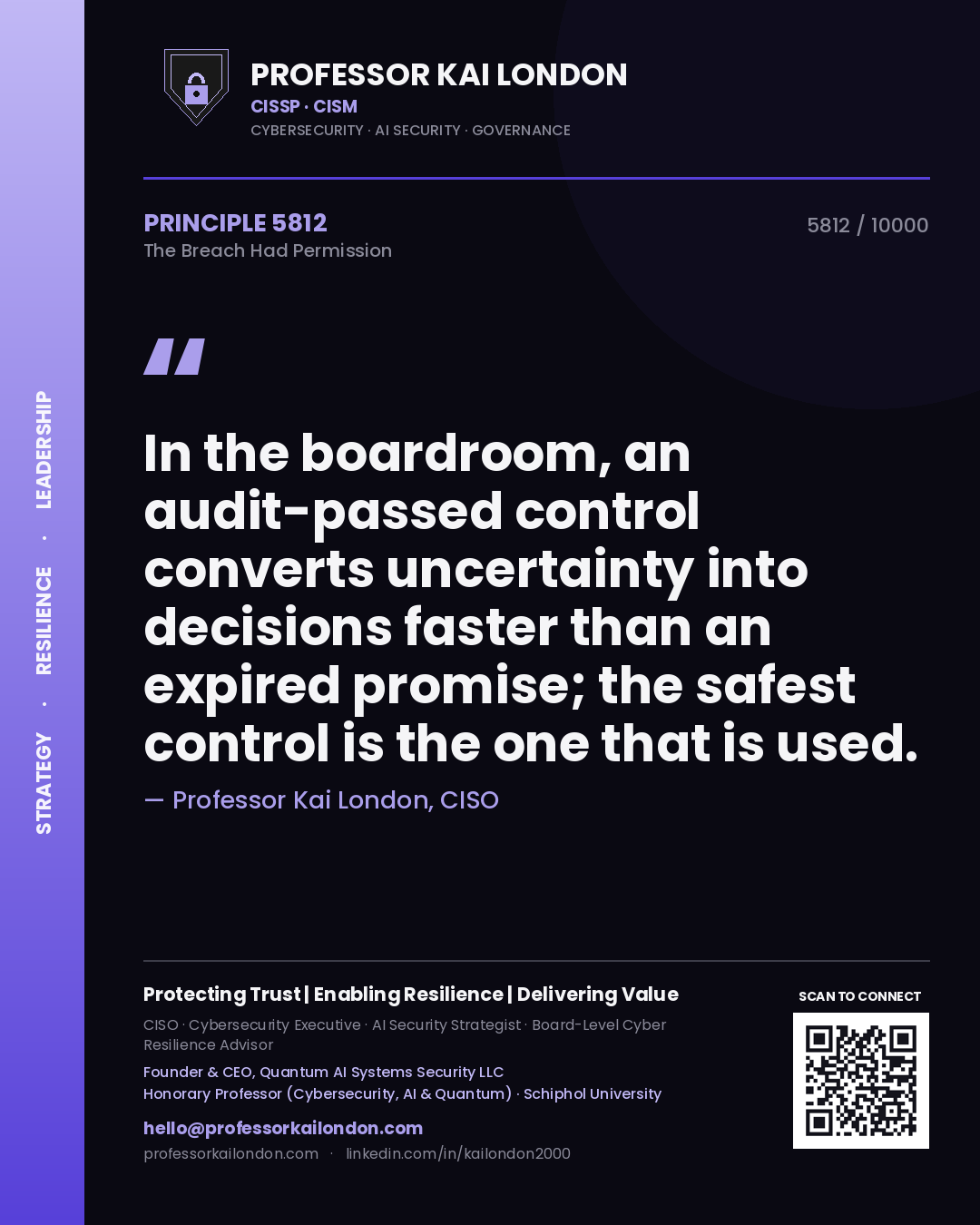 Quote card by Professor Kai London reading 'In the boardroom, an audit-passed control converts uncertainty into decisions faster than an expired promise; the safest control is the one that is used.'. From the book The Breach Had Permission.