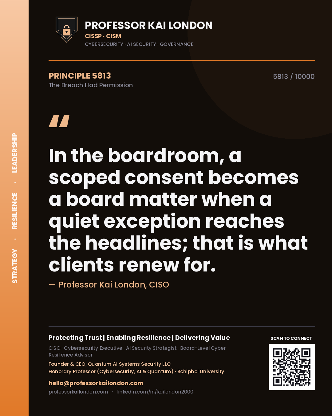 Quote card by Professor Kai London reading 'In the boardroom, a scoped consent becomes a board matter when a quiet exception reaches the headlines; that is what clients renew for.'. From the book The Breach Had Permission.