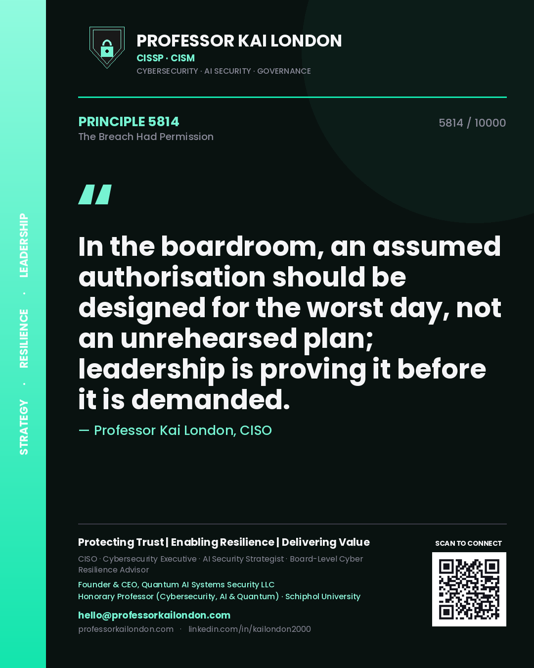 Quote card by Professor Kai London reading 'In the boardroom, an assumed authorisation should be designed for the worst day, not an unrehearsed plan; leadership is proving it before it is demanded.'. From the book The Breach Had Permission.