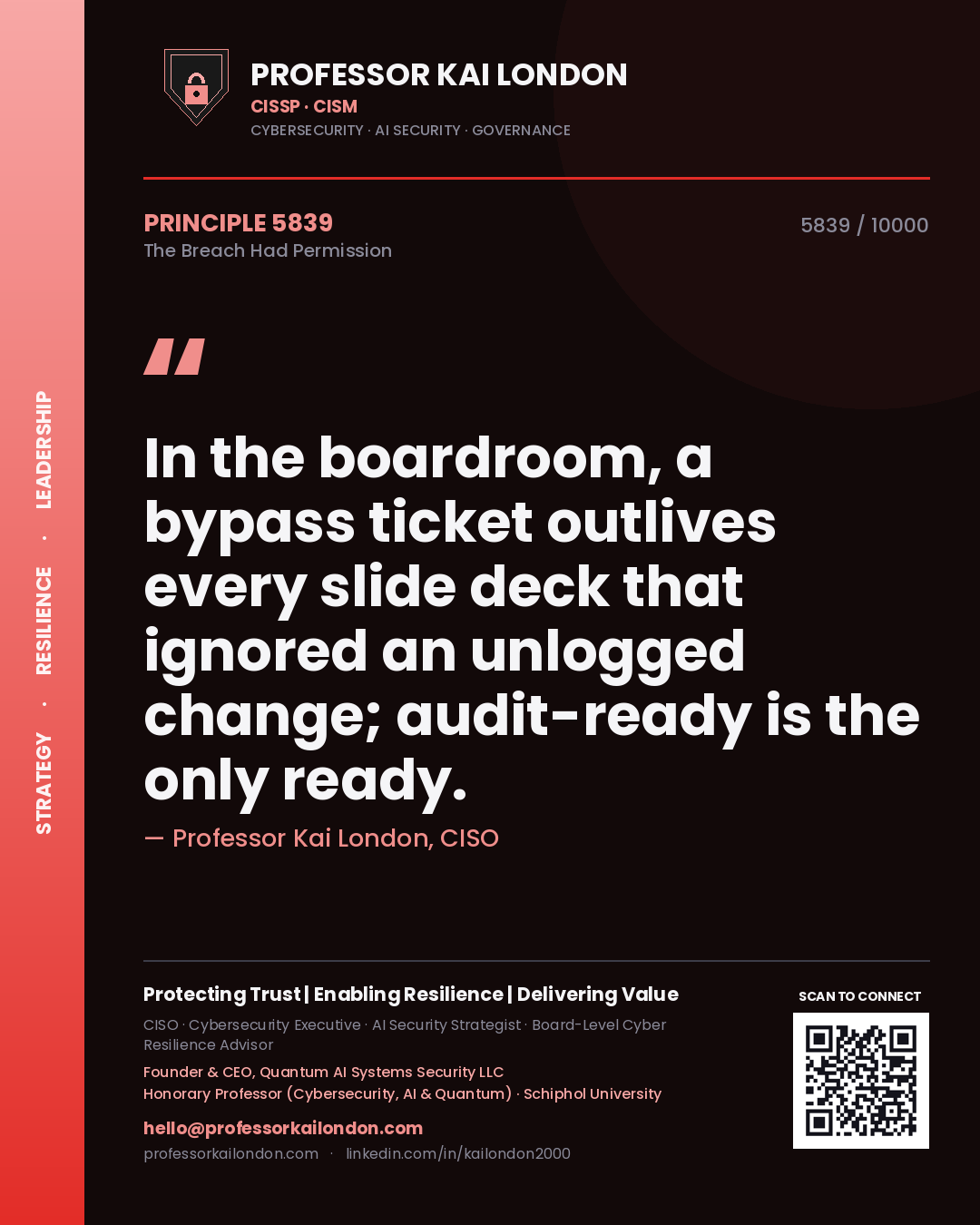 Quote card by Professor Kai London reading 'In the boardroom, a bypass ticket outlives every slide deck that ignored an unlogged change; audit-ready is the only ready.'. From the book The Breach Had Permission.