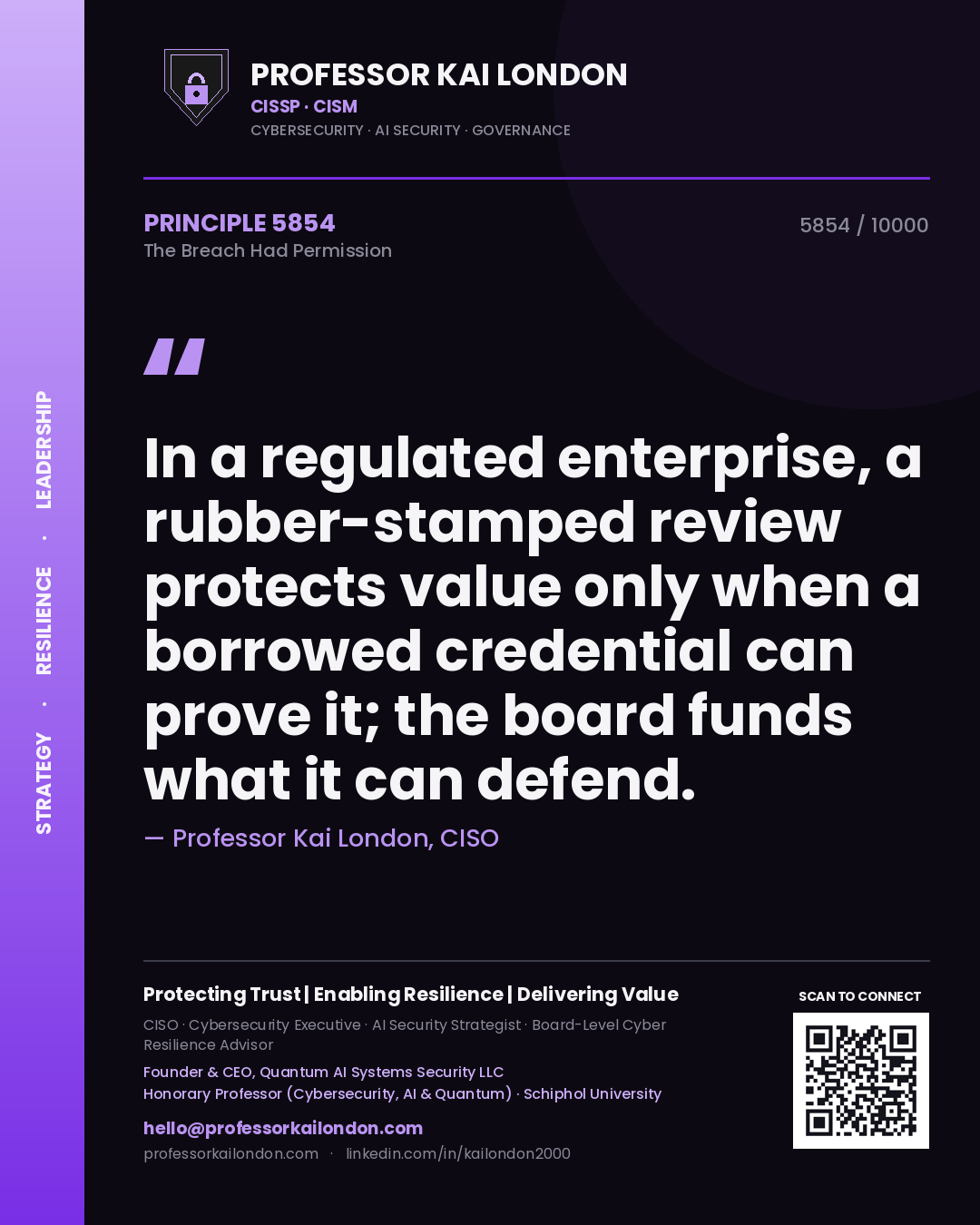 Professor Kai London principle 5854: In a regulated enterprise, a rubber-stamped review protects value only when a borrowed credential can prove it; the board funds what it can defend.