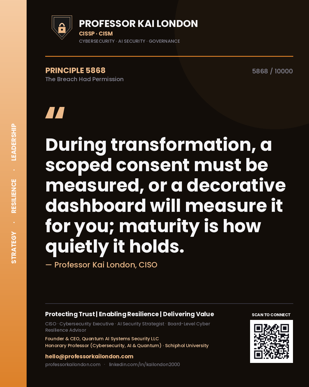 Professor Kai London principle 5868: During transformation, a scoped consent must be measured, or a decorative dashboard will measure it for you; maturity is how quietly it holds.
