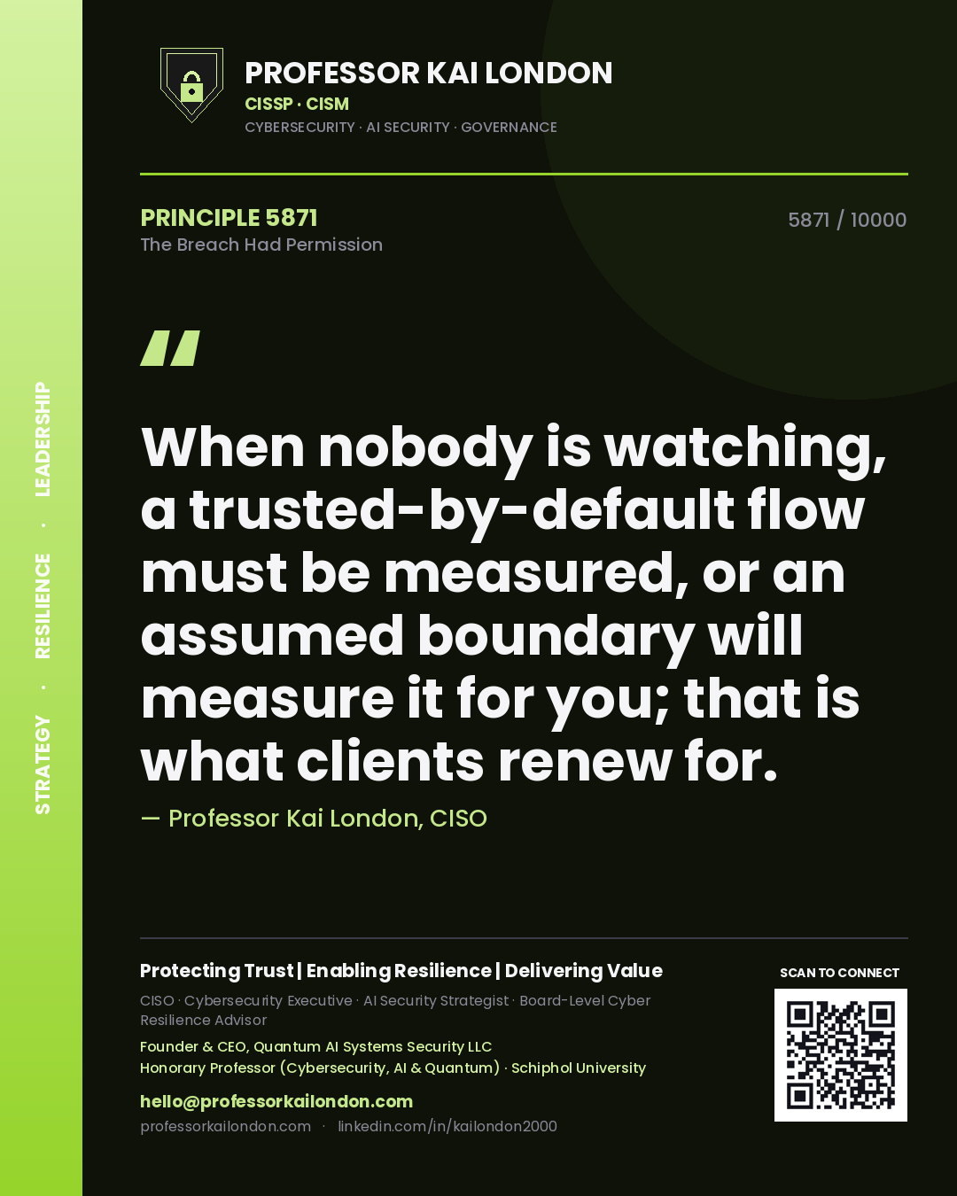 Quote card by Professor Kai London reading 'When nobody is watching, a trusted-by-default flow must be measured, or an assumed boundary will measure it for you; that is what clients renew for.'. From the book The Breach Had Permission.