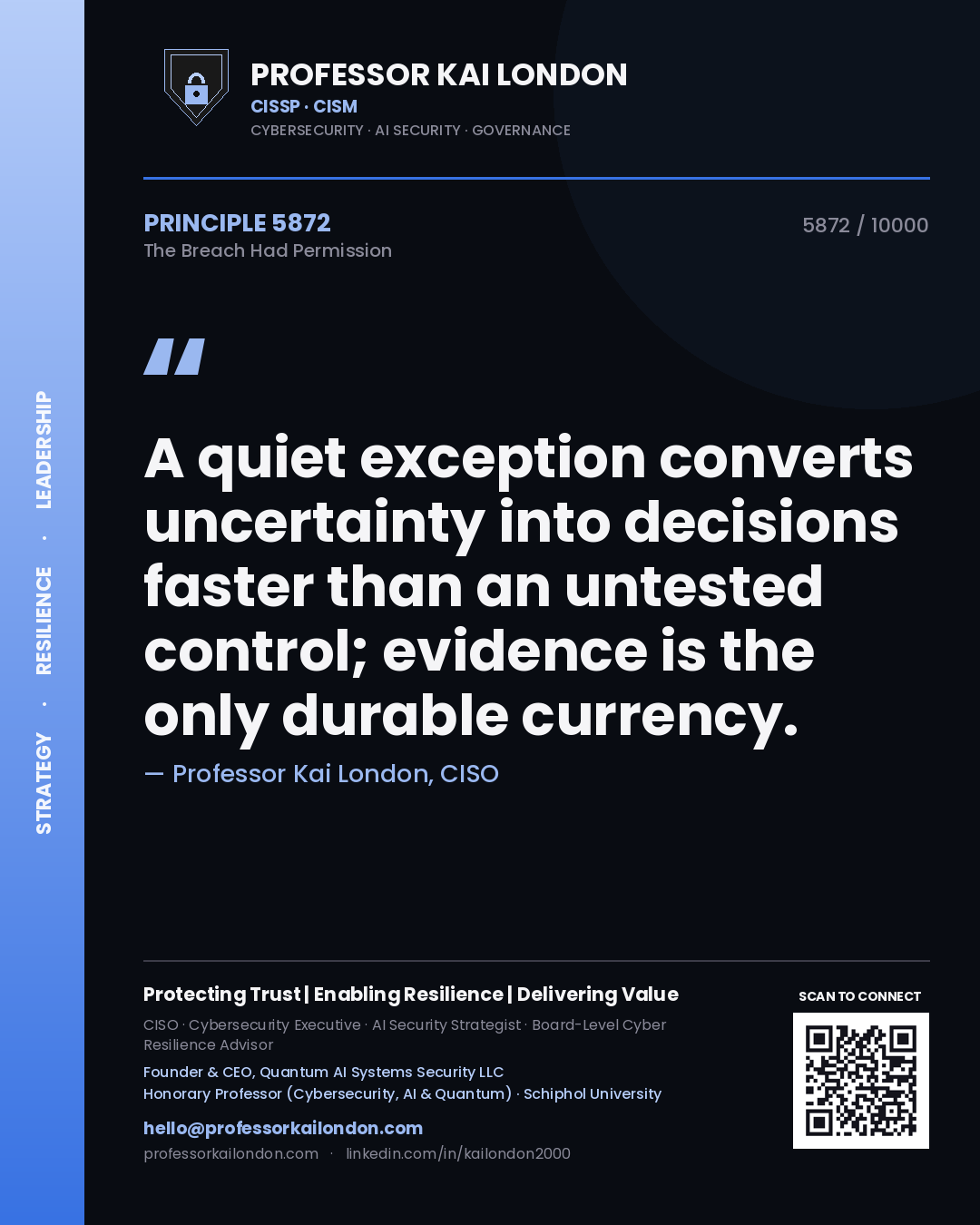 Quote card by Professor Kai London reading 'A quiet exception converts uncertainty into decisions faster than an untested control; evidence is the only durable currency.'. From the book The Breach Had Permission.