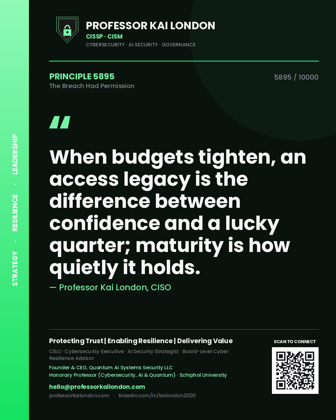 Quote card by Professor Kai London reading 'When budgets tighten, an access legacy is the difference between confidence and a lucky quarter; maturity is how quietly it holds.'. From the book The Breach Had Permission.