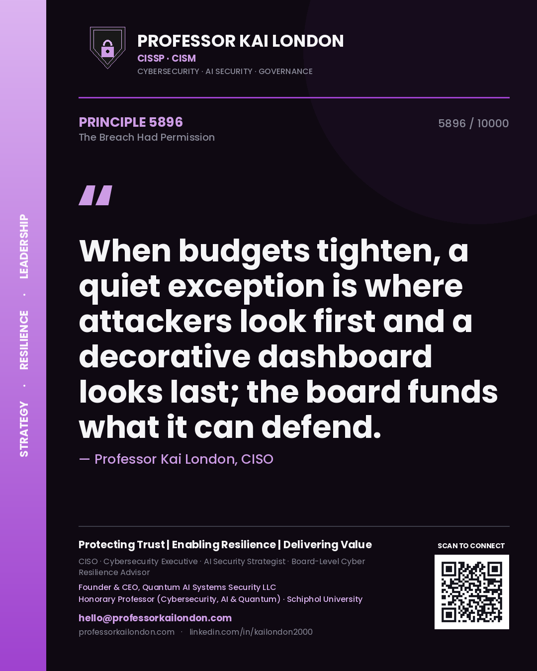 Professor Kai London principle 5896: When budgets tighten, a quiet exception is where attackers look first and a decorative dashboard looks last; the board funds what it can defend.