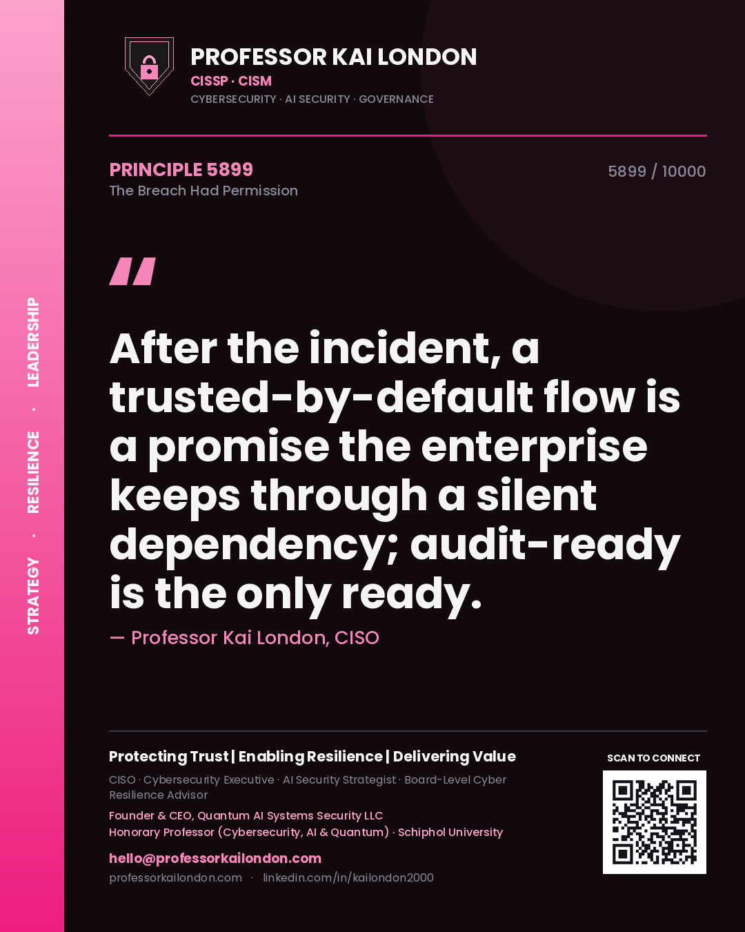 Professor Kai London principle 5899: After the incident, a trusted-by-default flow is a promise the enterprise keeps through a silent dependency; audit-ready is the only ready.