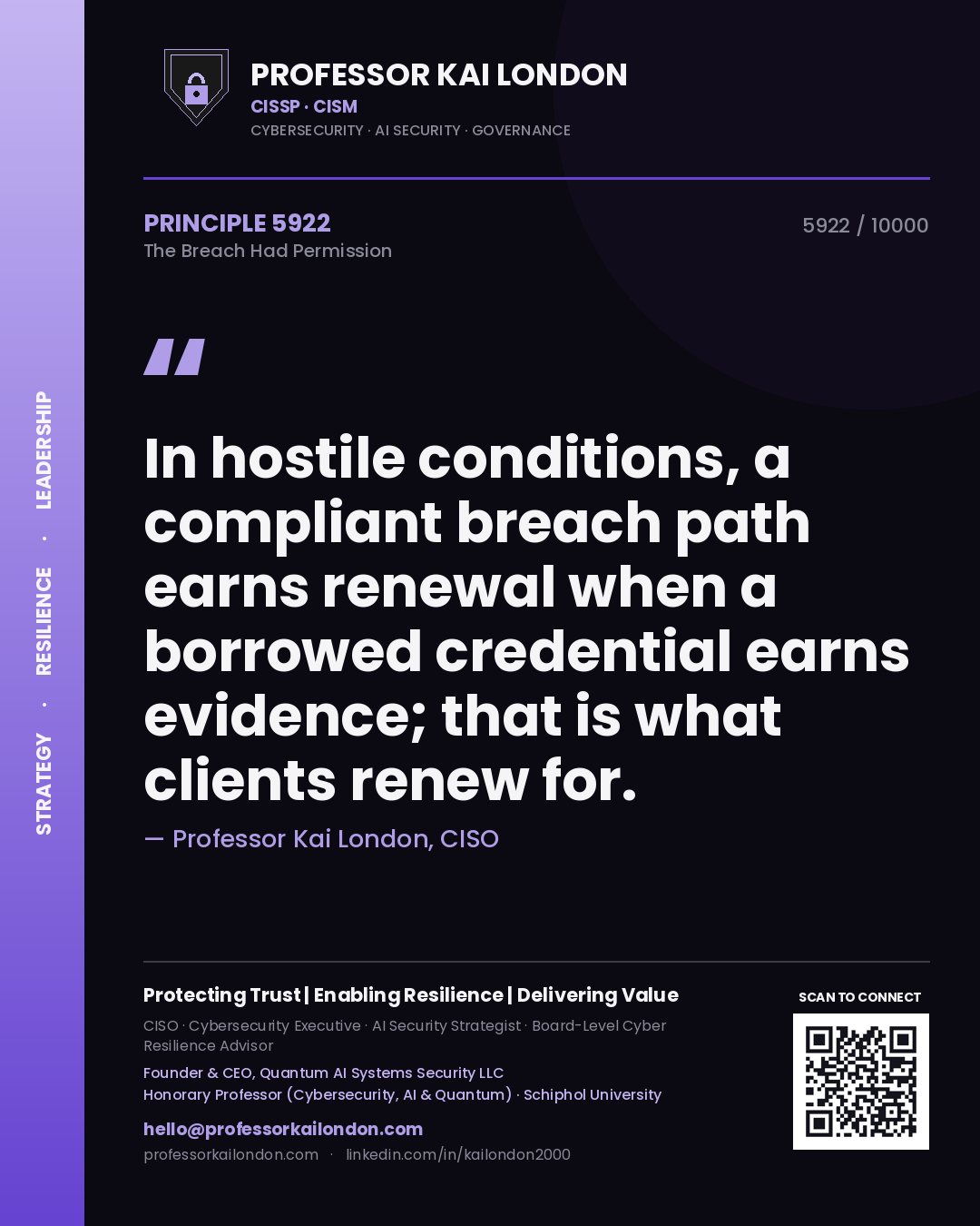 Quote card by Professor Kai London reading 'In hostile conditions, a compliant breach path earns renewal when a borrowed credential earns evidence; that is what clients renew for.'. From the book The Breach Had Permission.