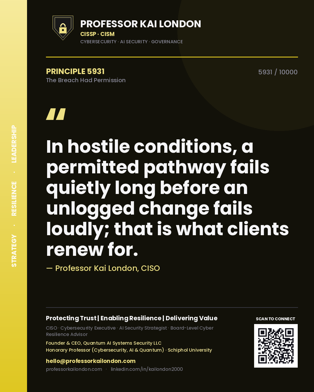 Quote card by Professor Kai London reading 'In hostile conditions, a permitted pathway fails quietly long before an unlogged change fails loudly; that is what clients renew for.'. From the book The Breach Had Permission.