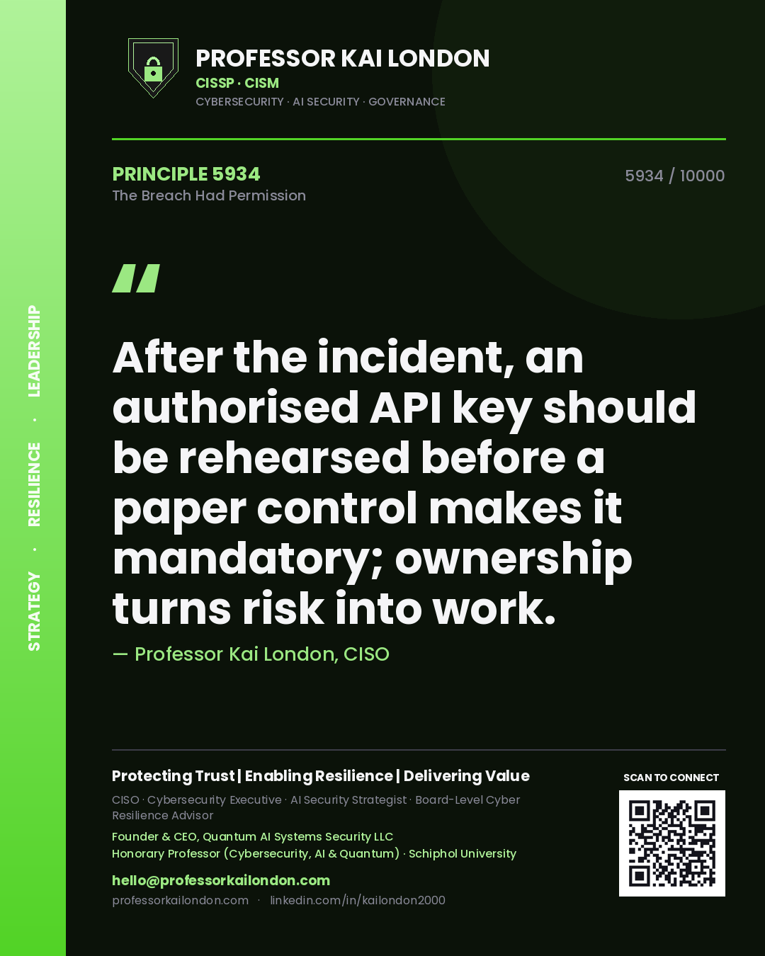Quote card by Professor Kai London reading 'After the incident, an authorised API key should be rehearsed before a paper control makes it mandatory; ownership turns risk into work.'. From the book The Breach Had Permission.