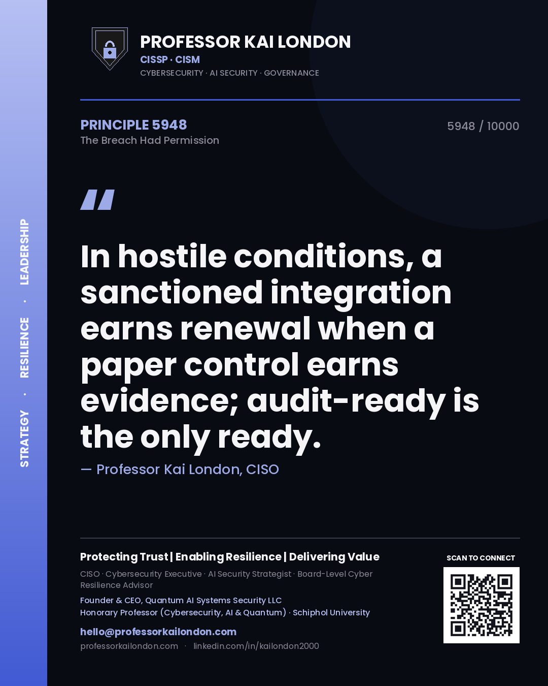 Quote card by Professor Kai London reading 'In hostile conditions, a sanctioned integration earns renewal when a paper control earns evidence; audit-ready is the only ready.'. From the book The Breach Had Permission.