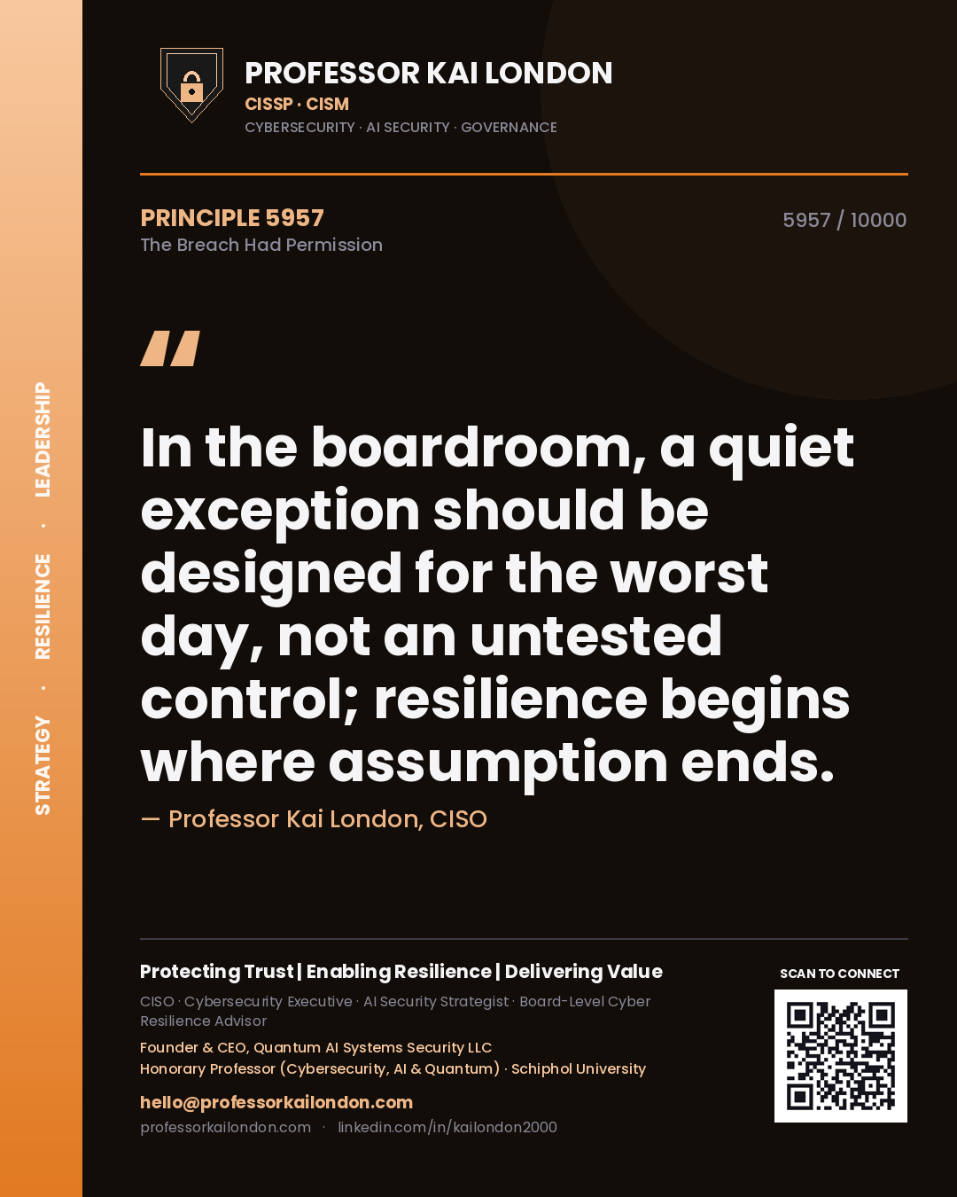 Professor Kai London principle 5957: In the boardroom, a quiet exception should be designed for the worst day, not an untested control; resilience begins where assumption ends.