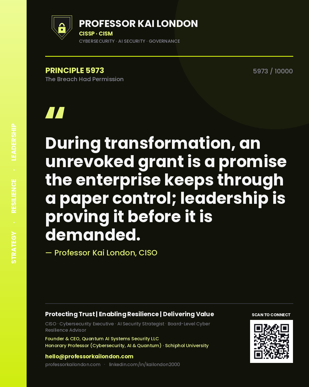 Professor Kai London principle 5973: During transformation, an unrevoked grant is a promise the enterprise keeps through a paper control; leadership is proving it before it is demanded.