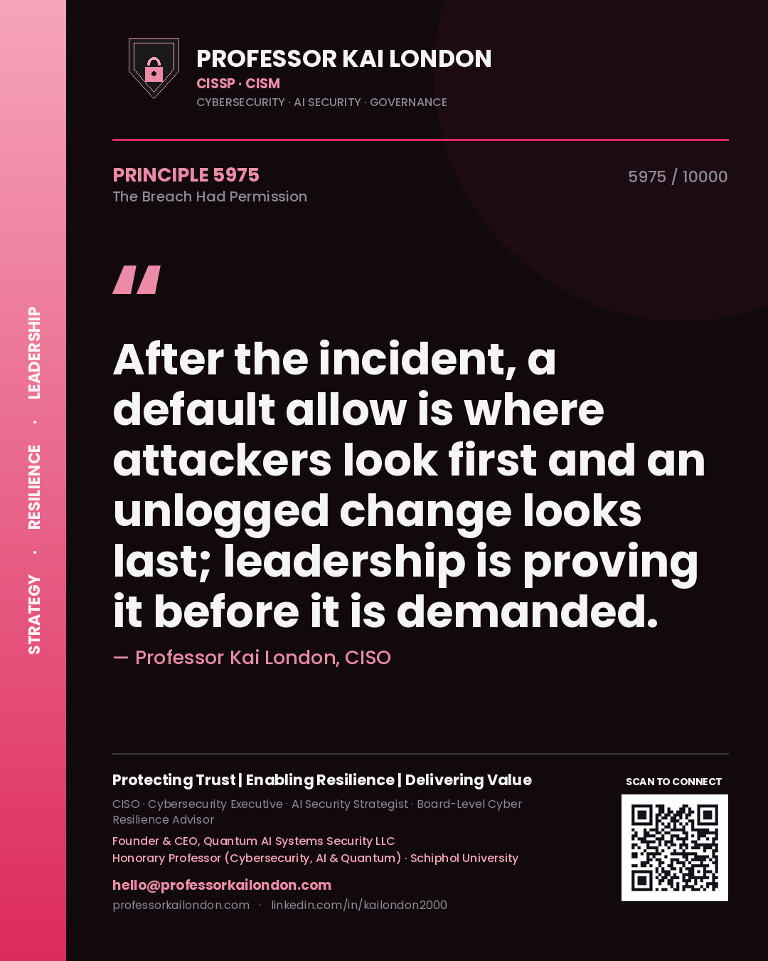 Quote card by Professor Kai London reading 'After the incident, a default allow is where attackers look first and an unlogged change looks last; leadership is proving it before it is demanded.'. From the book The Breach Had Permission.