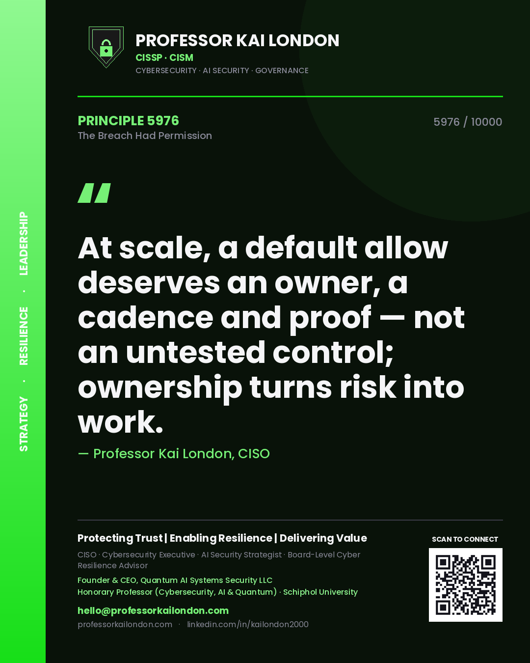 Professor Kai London principle 5976: At scale, a default allow deserves an owner, a cadence and proof — not an untested control; ownership turns risk into work.