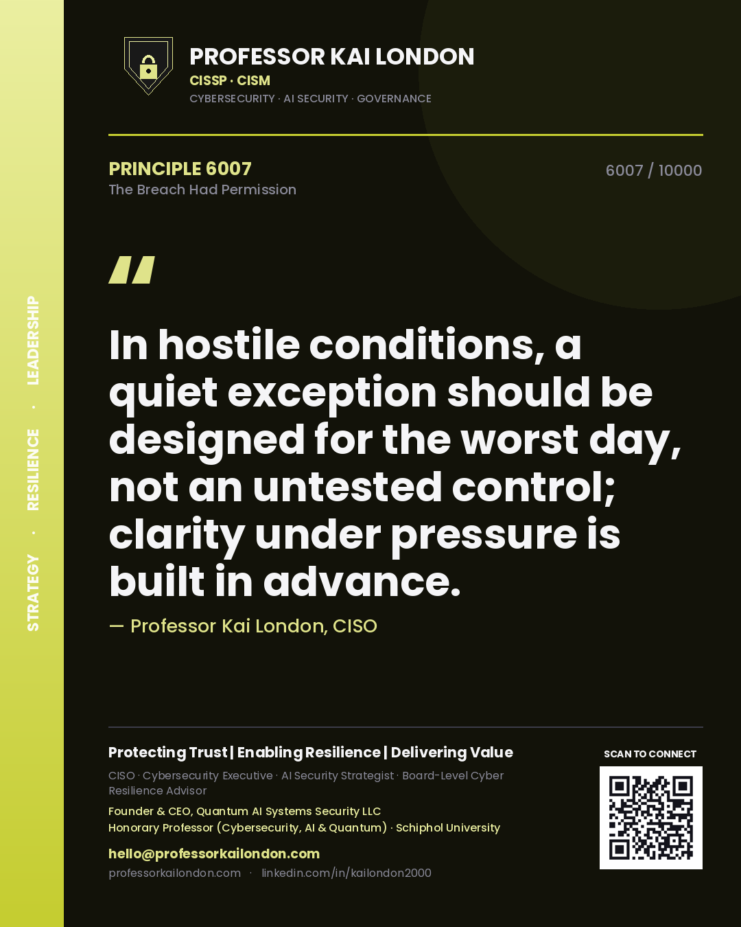 Quote card by Professor Kai London reading 'In hostile conditions, a quiet exception should be designed for the worst day, not an untested control; clarity under pressure is built in advance.'. From the book The Breach Had Permission.