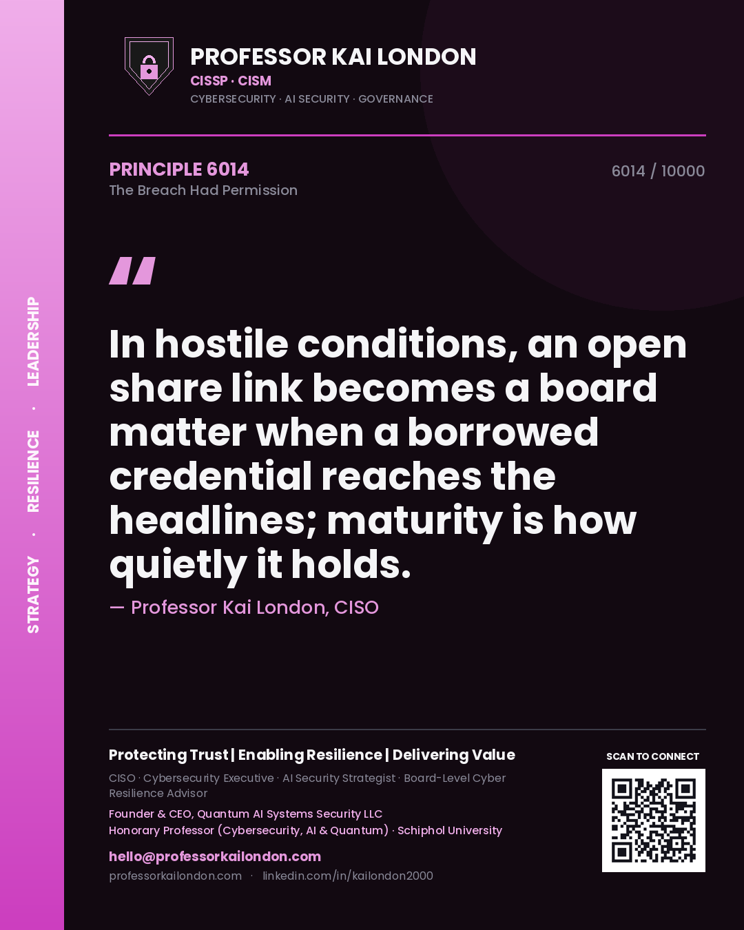 Quote card by Professor Kai London reading 'In hostile conditions, an open share link becomes a board matter when a borrowed credential reaches the headlines; maturity is how quietly it holds.'. From the book The Breach Had Permission.