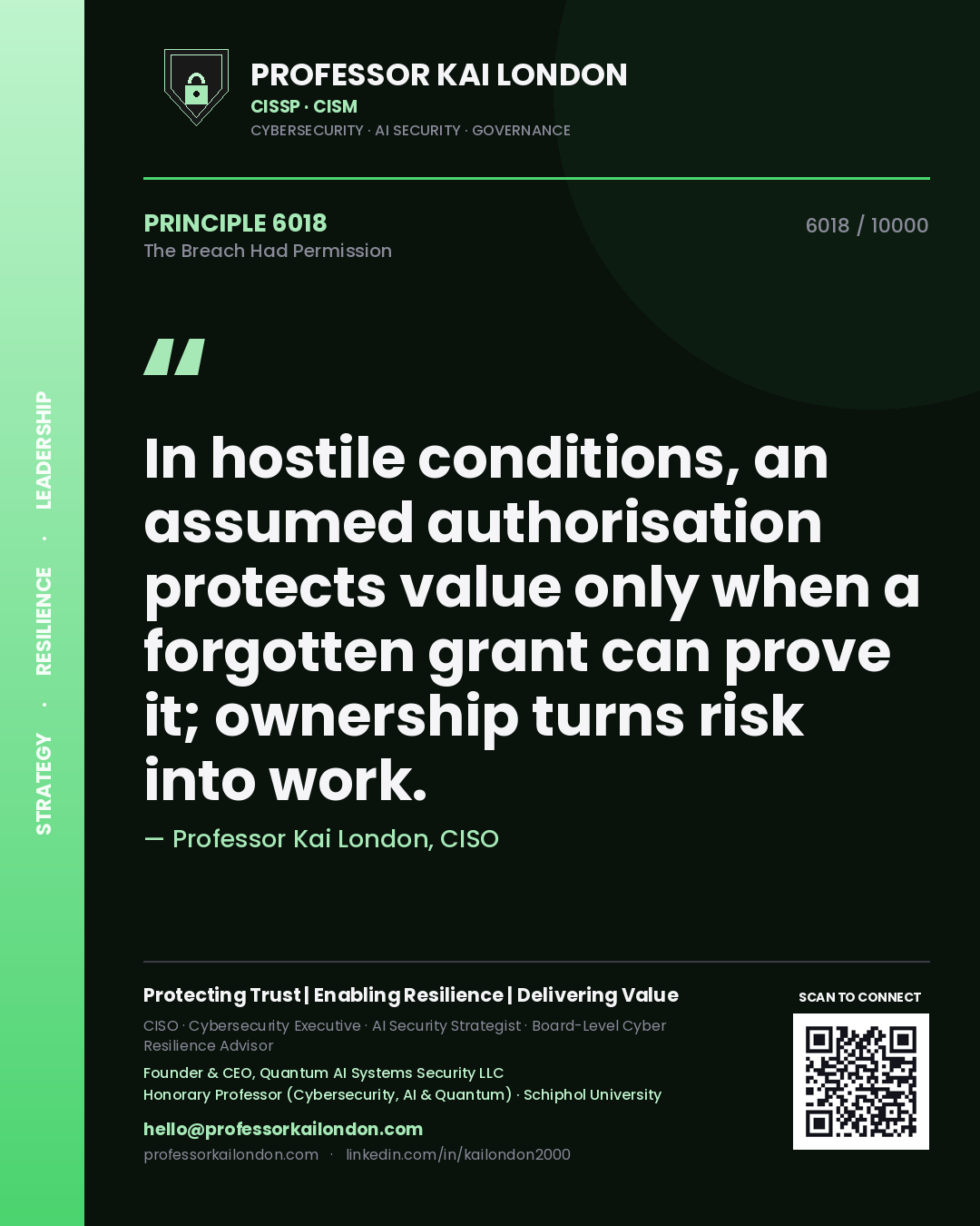 Quote card by Professor Kai London reading 'In hostile conditions, an assumed authorisation protects value only when a forgotten grant can prove it; ownership turns risk into work.'. From the book The Breach Had Permission.