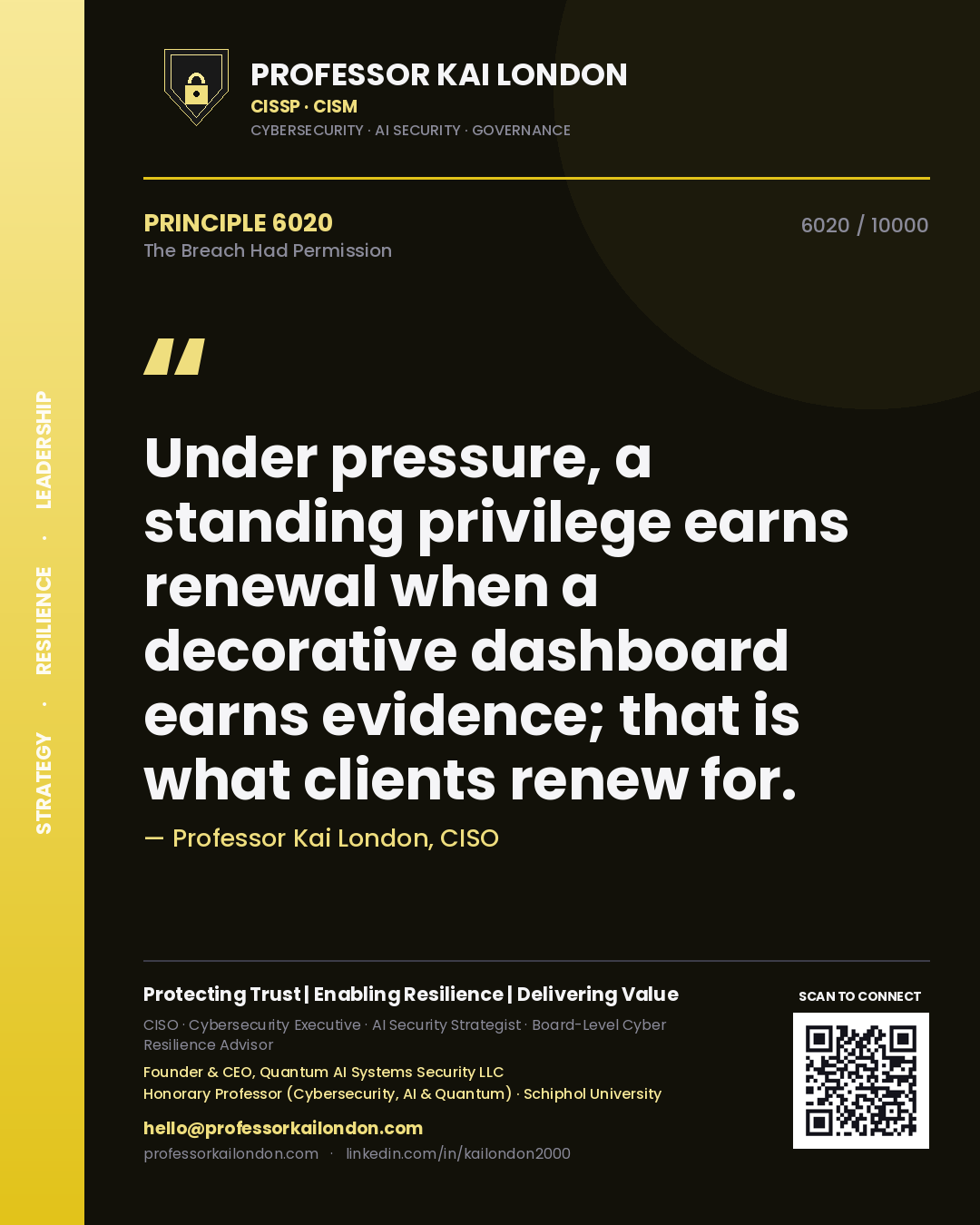 Quote card by Professor Kai London reading 'Under pressure, a standing privilege earns renewal when a decorative dashboard earns evidence; that is what clients renew for.'. From the book The Breach Had Permission.