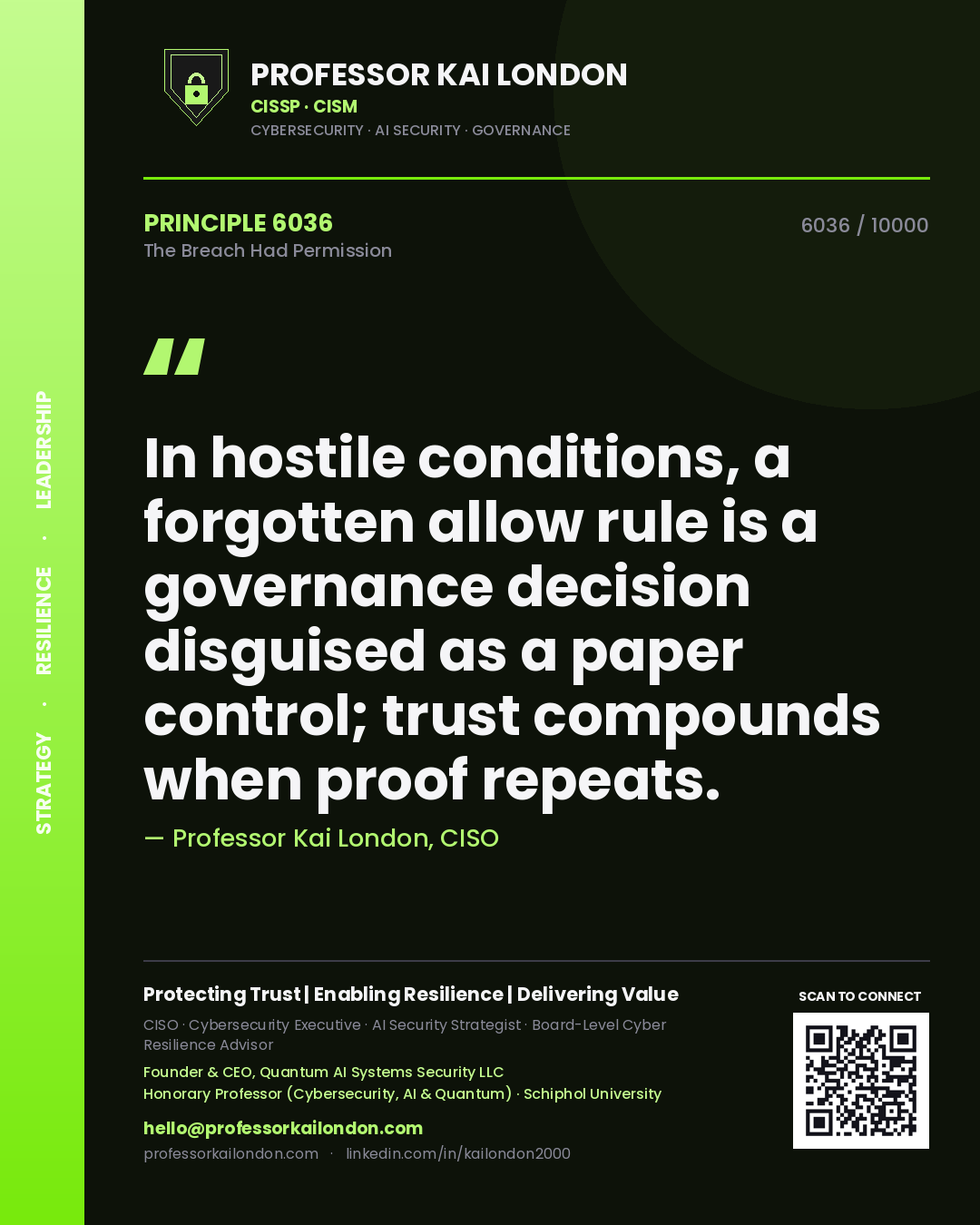 Quote card by Professor Kai London reading 'In hostile conditions, a forgotten allow rule is a governance decision disguised as a paper control; trust compounds when proof repeats.'. From the book The Breach Had Permission.