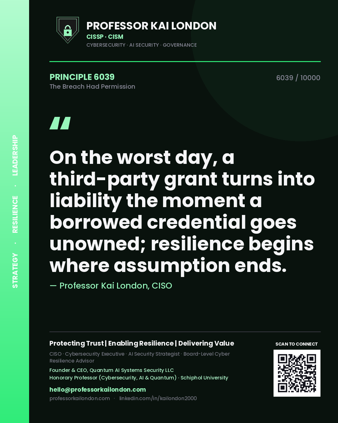 Quote card by Professor Kai London reading 'On the worst day, a third-party grant turns into liability the moment a borrowed credential goes unowned; resilience begins where assumption ends.'. From the book The Breach Had Permission.