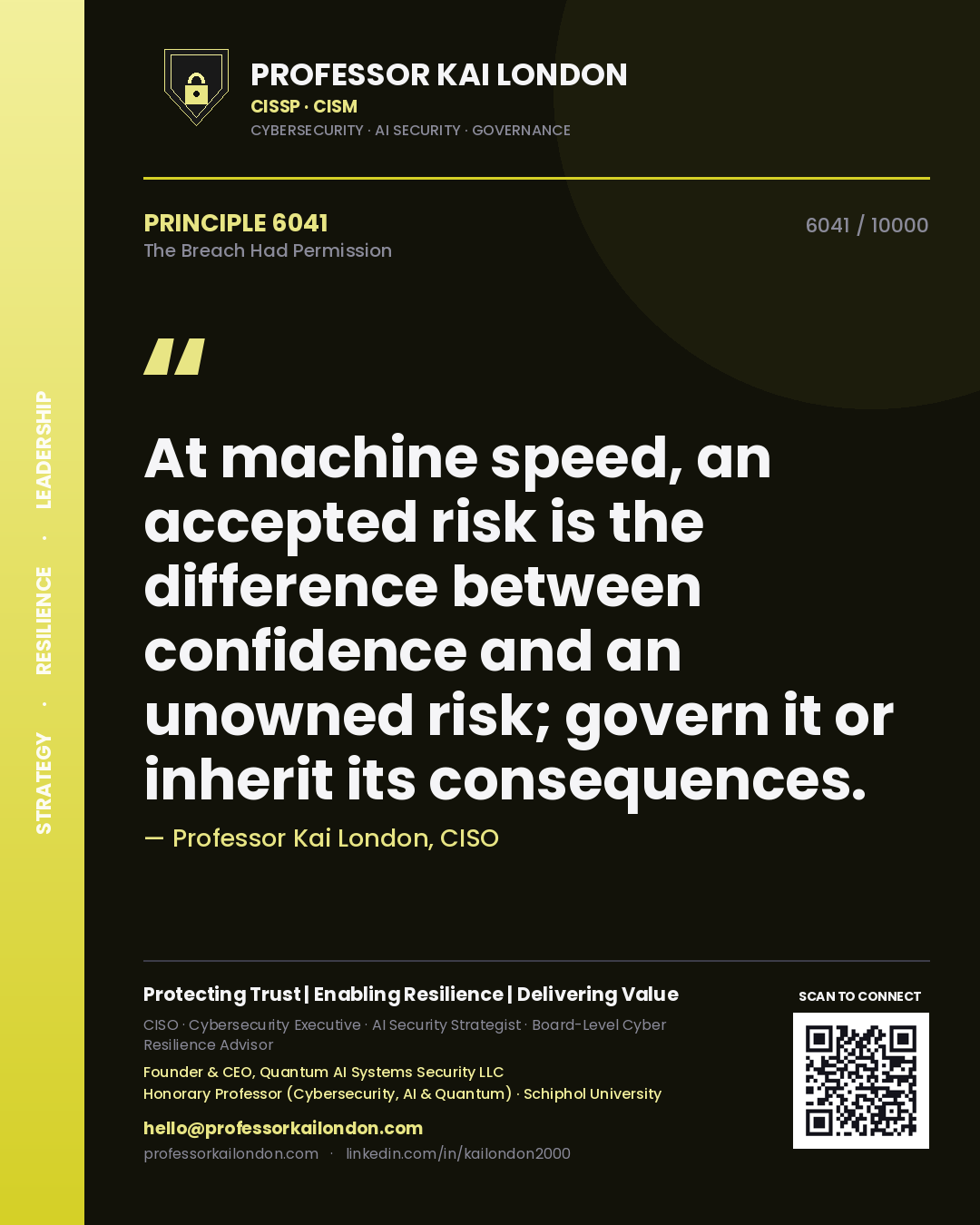 Quote card by Professor Kai London reading 'At machine speed, an accepted risk is the difference between confidence and an unowned risk; govern it or inherit its consequences.'. From the book The Breach Had Permission.