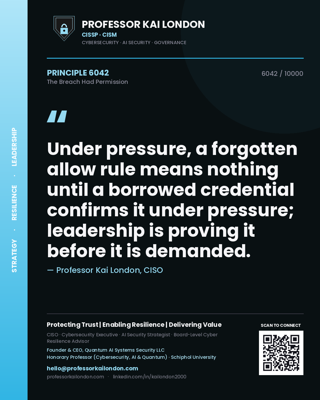 Quote card by Professor Kai London reading 'Under pressure, a forgotten allow rule means nothing until a borrowed credential confirms it under pressure; leadership is proving it before it is demanded.'. From the book The Breach Had Permission.