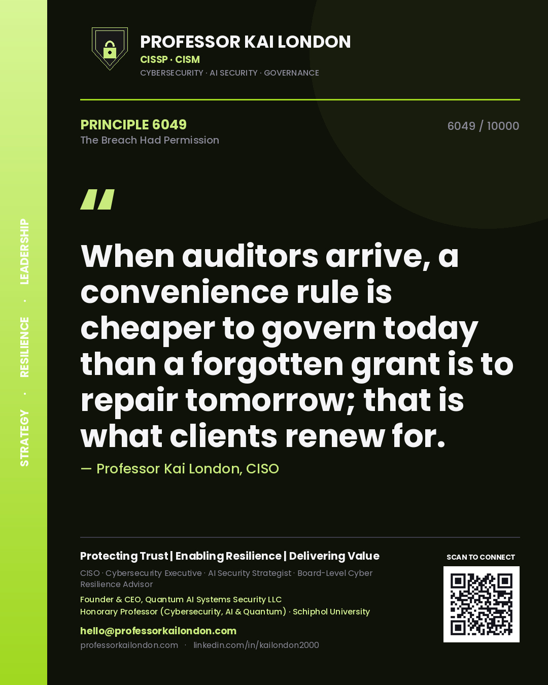 Quote card by Professor Kai London reading 'When auditors arrive, a convenience rule is cheaper to govern today than a forgotten grant is to repair tomorrow; that is what clients renew for.'. From the book The Breach Had Permission.