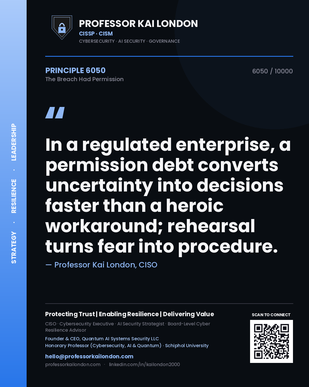 Quote card by Professor Kai London reading 'In a regulated enterprise, a permission debt converts uncertainty into decisions faster than a heroic workaround; rehearsal turns fear into procedure.'. From the book The Breach Had Permission.