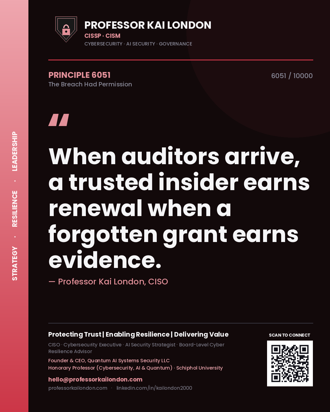 Quote card by Professor Kai London reading 'When auditors arrive, a trusted insider earns renewal when a forgotten grant earns evidence.'. From the book The Breach Had Permission.