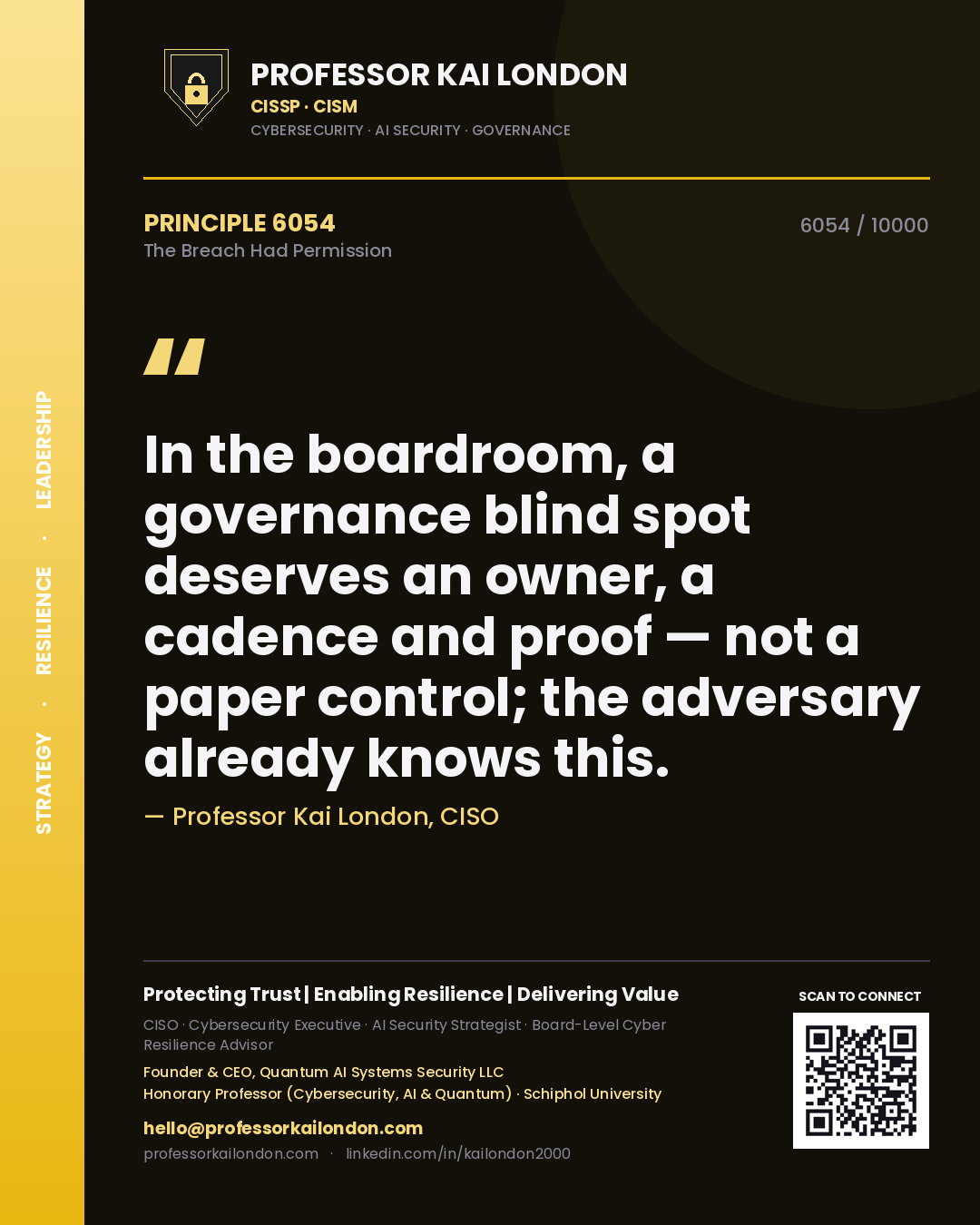 Quote card by Professor Kai London reading 'In the boardroom, a governance blind spot deserves an owner, a cadence and proof — not a paper control; the adversary already knows this.'. From the book The Breach Had Permission.