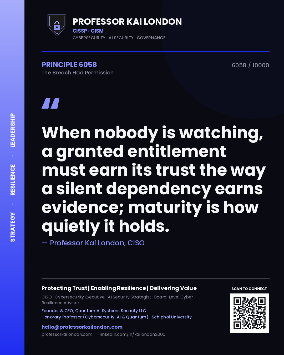 Quote card by Professor Kai London reading 'When nobody is watching, a granted entitlement must earn its trust the way a silent dependency earns evidence; maturity is how quietly it holds.'. From the book The Breach Had Permission.