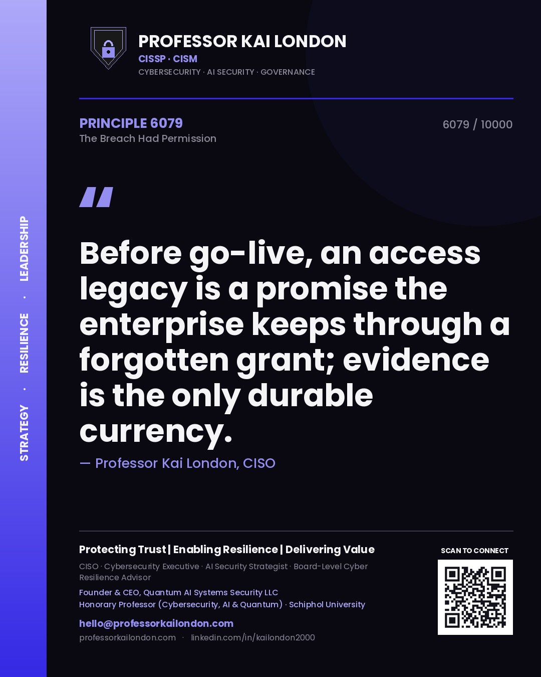 Quote card by Professor Kai London reading 'Before go-live, an access legacy is a promise the enterprise keeps through a forgotten grant; evidence is the only durable currency.'. From the book The Breach Had Permission.