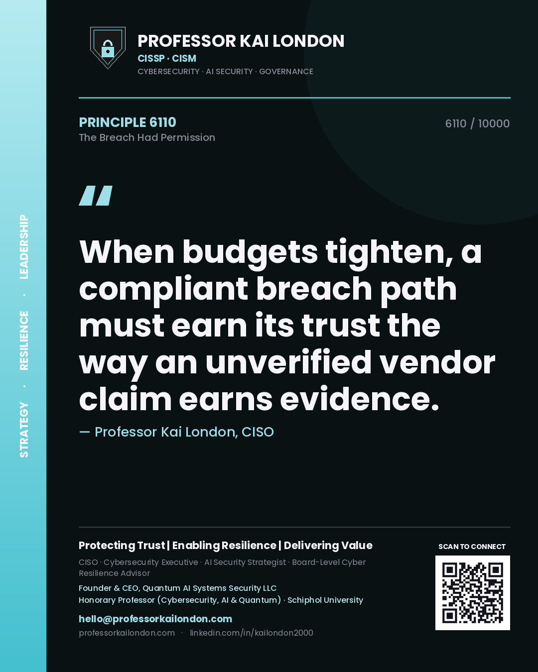 Quote card by Professor Kai London reading 'When budgets tighten, a compliant breach path must earn its trust the way an unverified vendor claim earns evidence.'. From the book The Breach Had Permission.