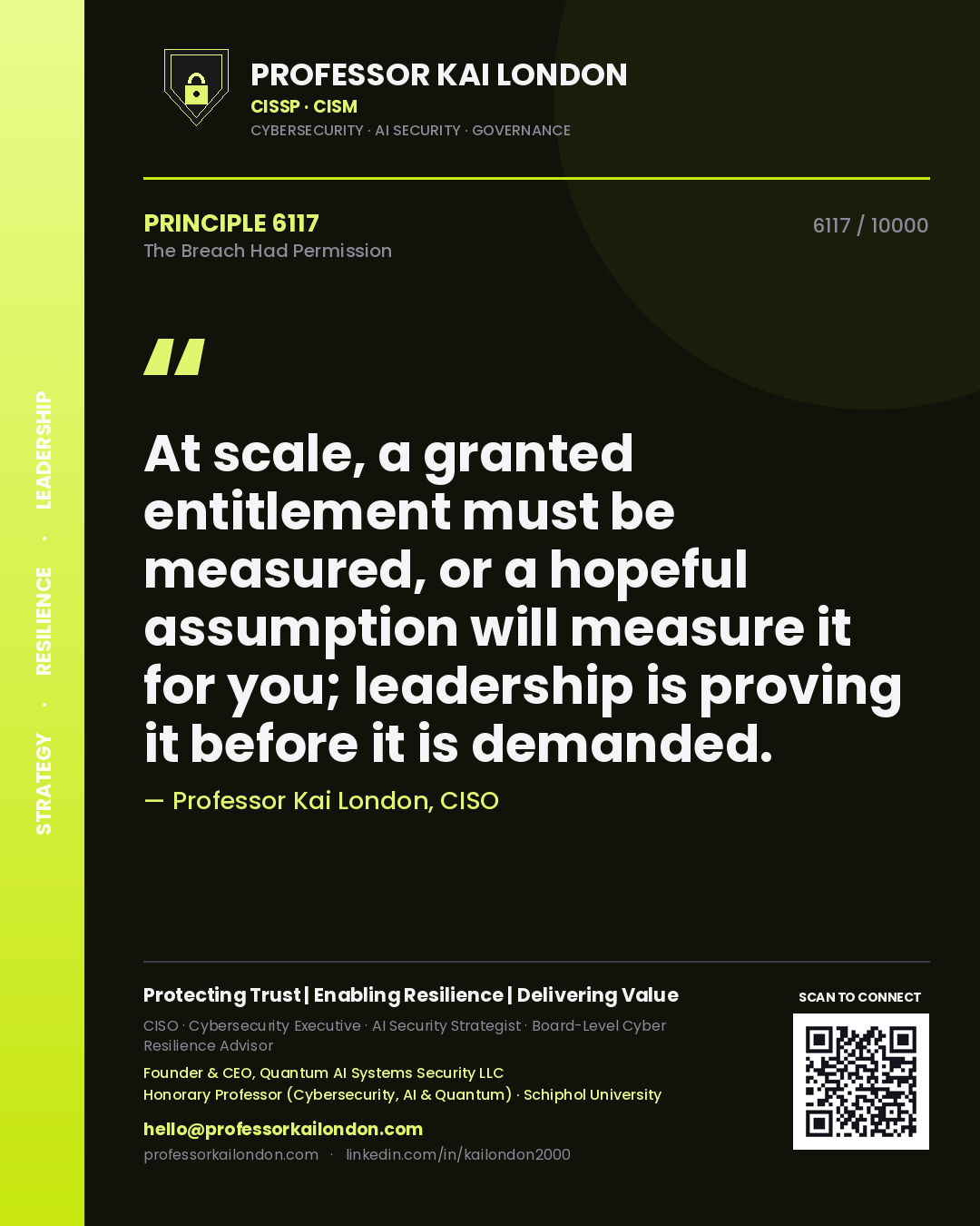 Quote card by Professor Kai London reading 'At scale, a granted entitlement must be measured, or a hopeful assumption will measure it for you; leadership is proving it before it is demanded.'. From the book The Breach Had Permission.